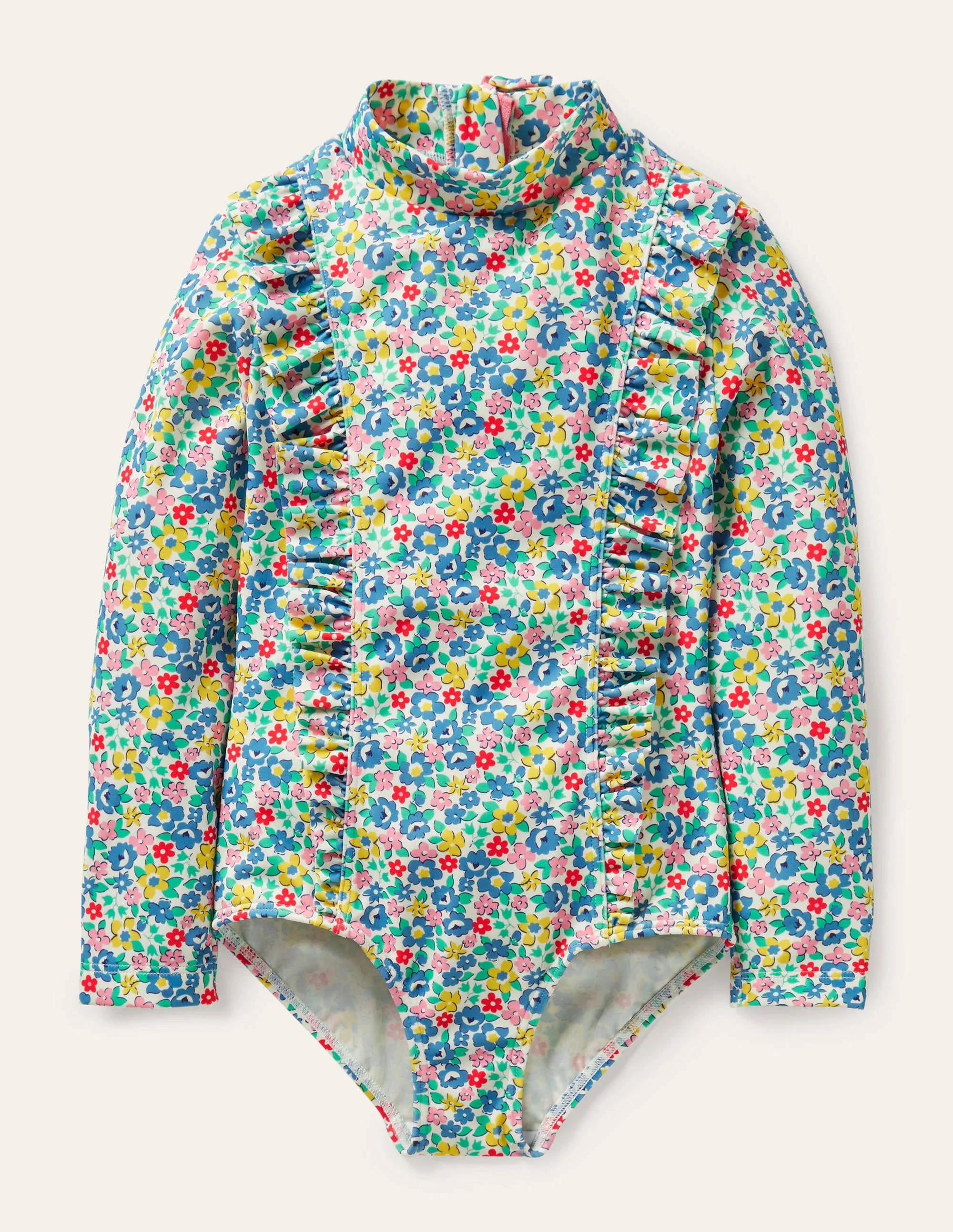 Long-sleeve Frilly Swimsuit-Elizabethan Blue Spring Floral