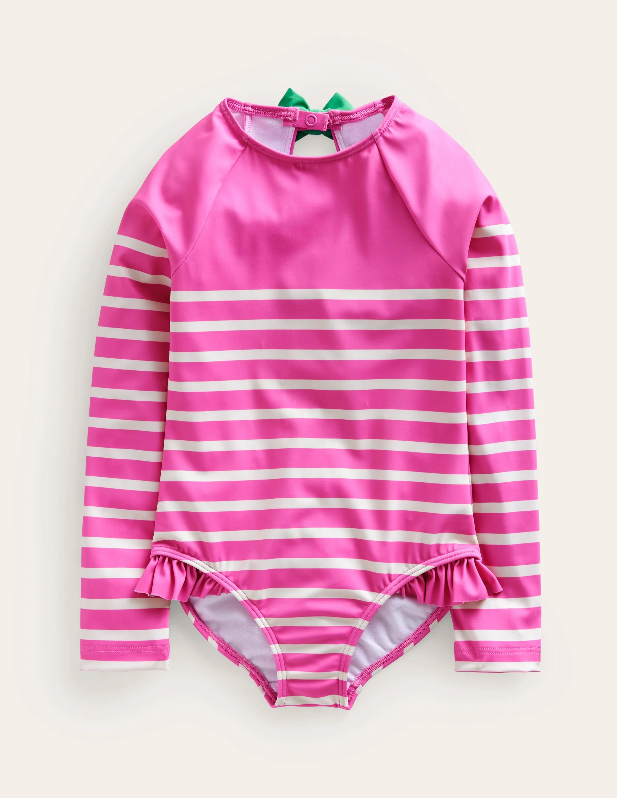 Long Sleeve Frilly Swimsuit-Pink, Ivory Stripe