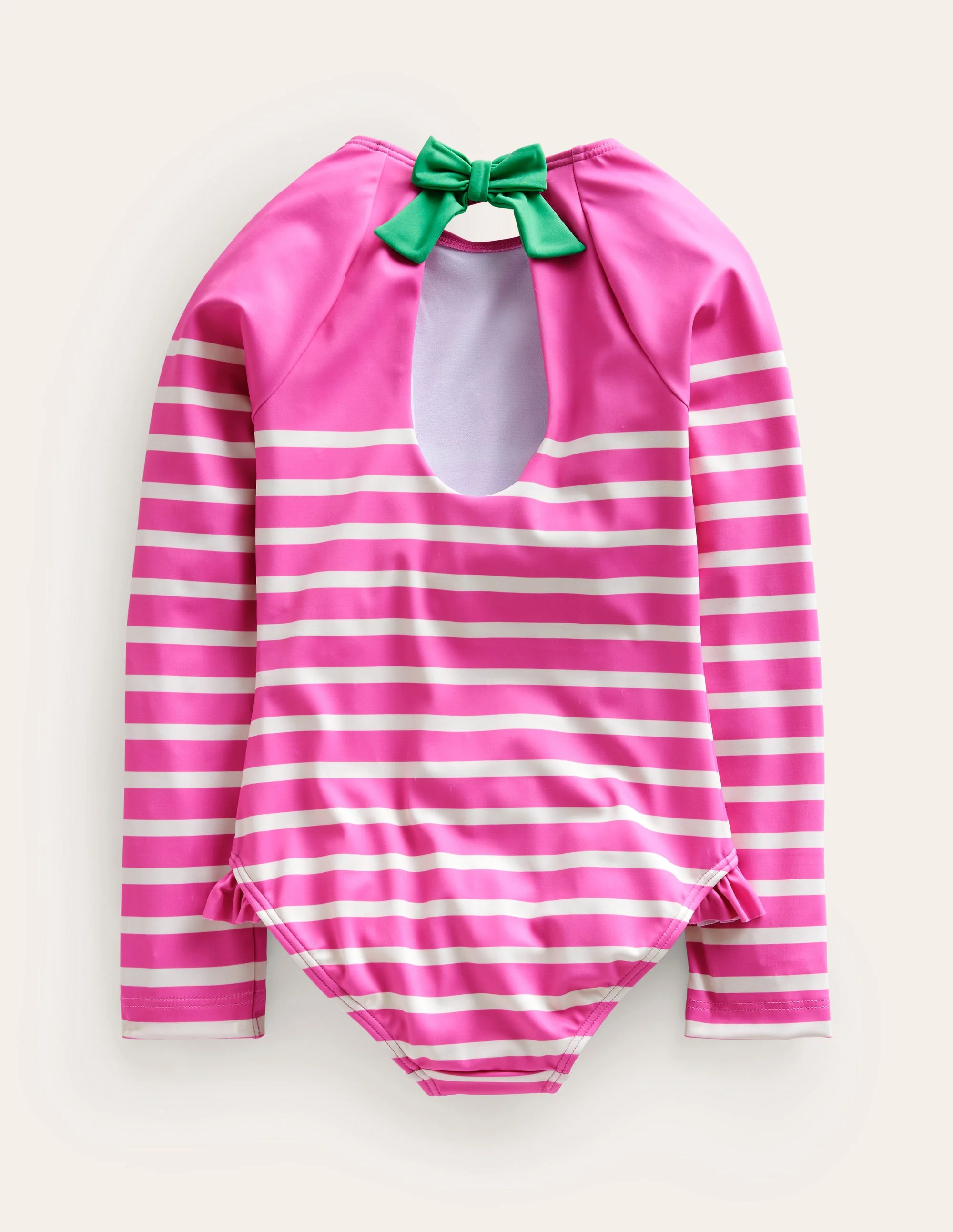 Long Sleeve Frilly Swimsuit-Pink, Ivory Stripe - Image 2