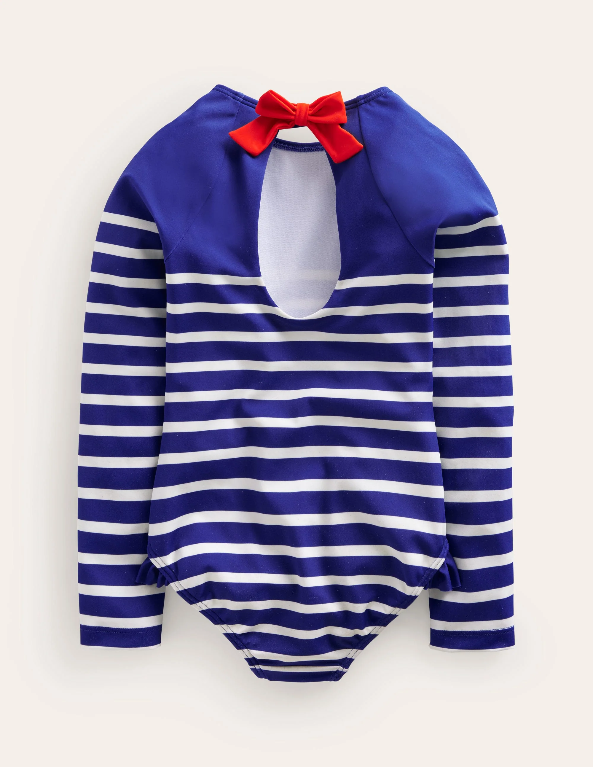 Long Sleeve Frilly Swimsuit-Sapphire Blue, Ivory Stripe - Image 2