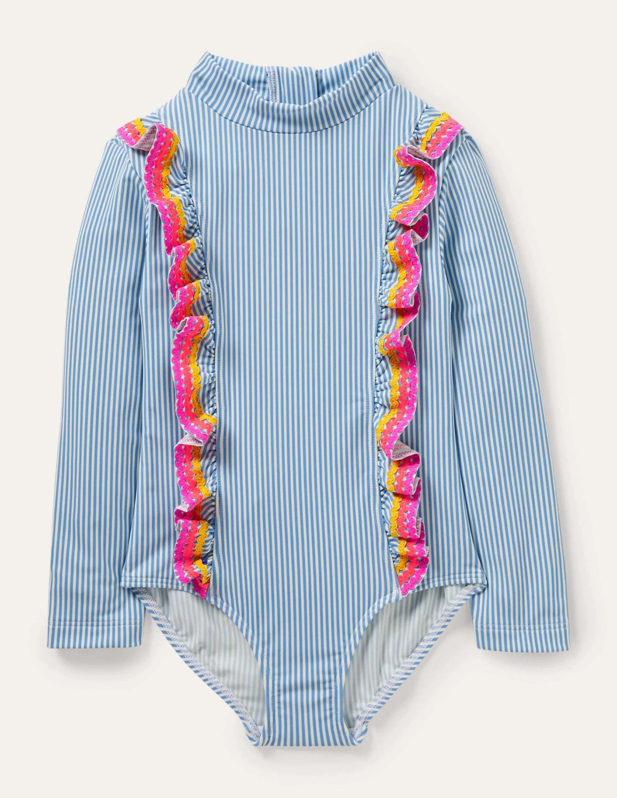 Long-sleeve Frilly Swimsuit-Surfboard Blue Ticking Stripe
