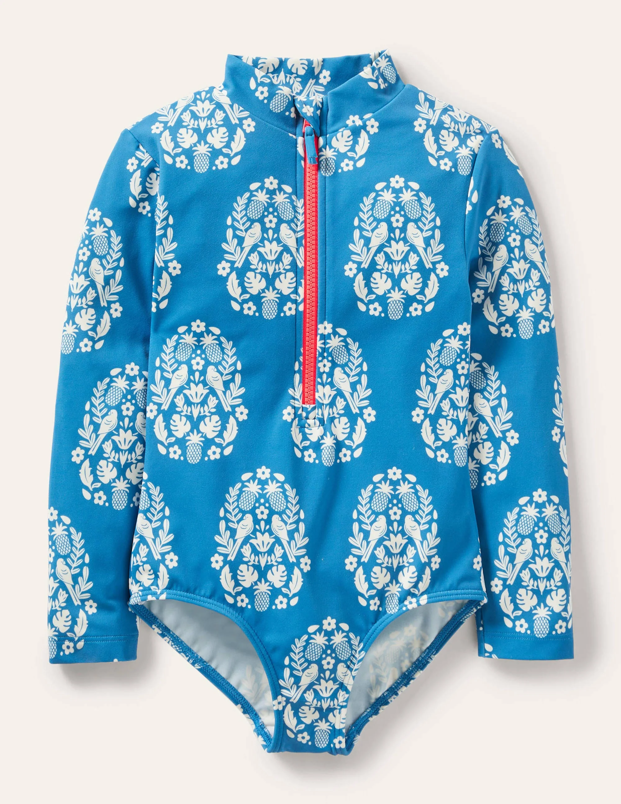 Long-sleeved Swimsuit-Marina Blue Tropical Woodblock
