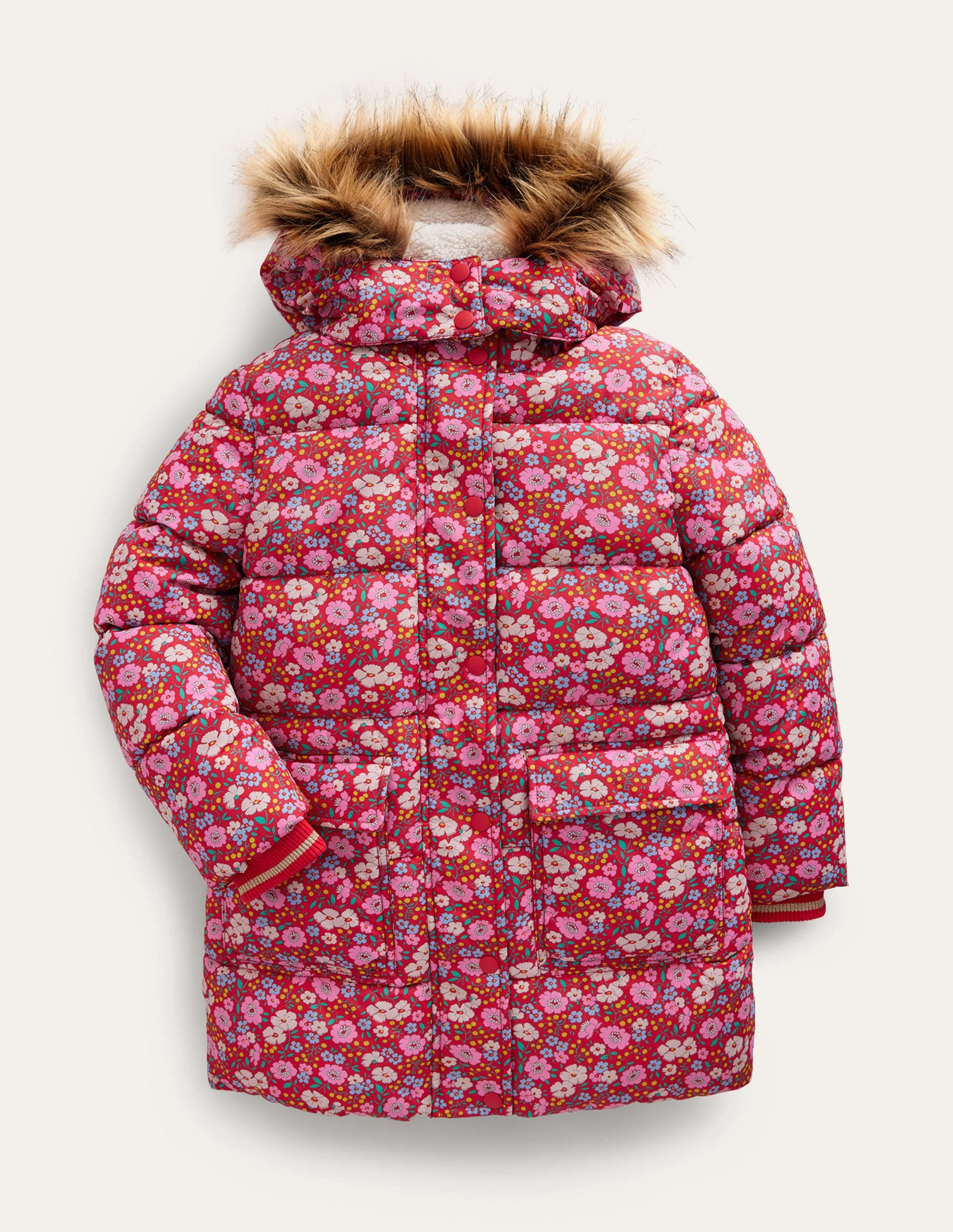Longline Padded Coat-Brilliant Red Flowerbed