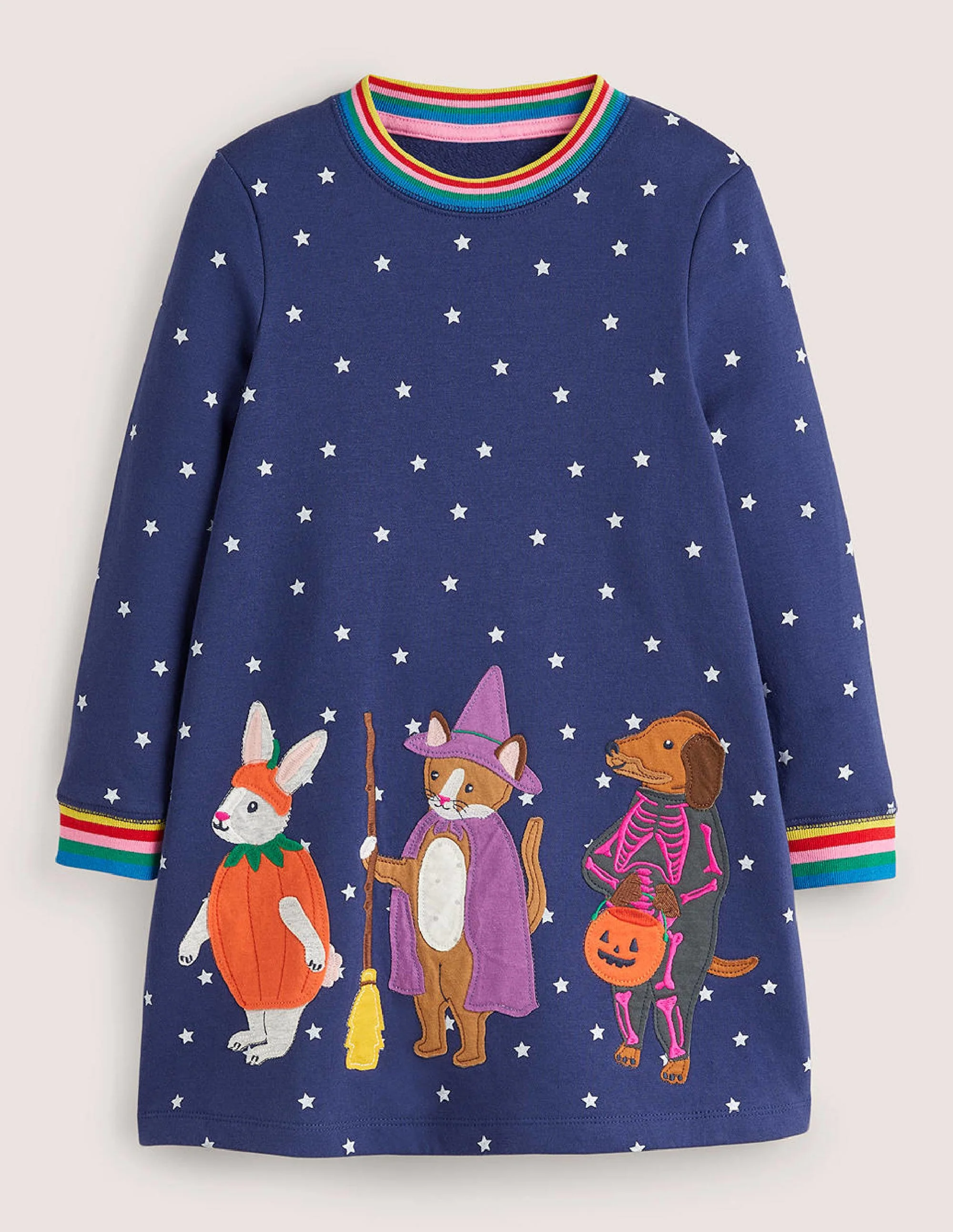 Navy Stars Halloween Sweatshirt Dress-Blue Star Halloween Animals