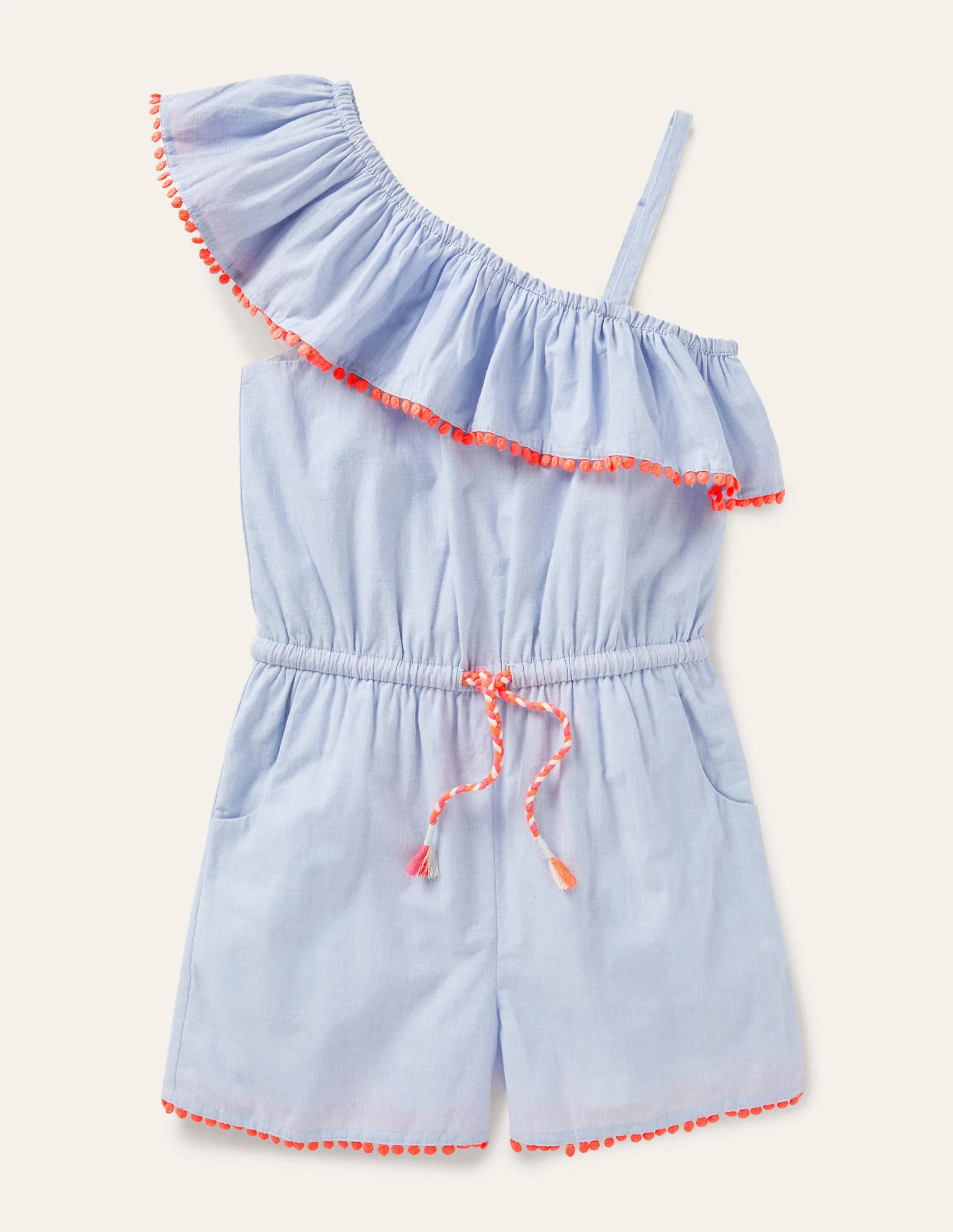 One Shoulder Tassel Romper-Chambray