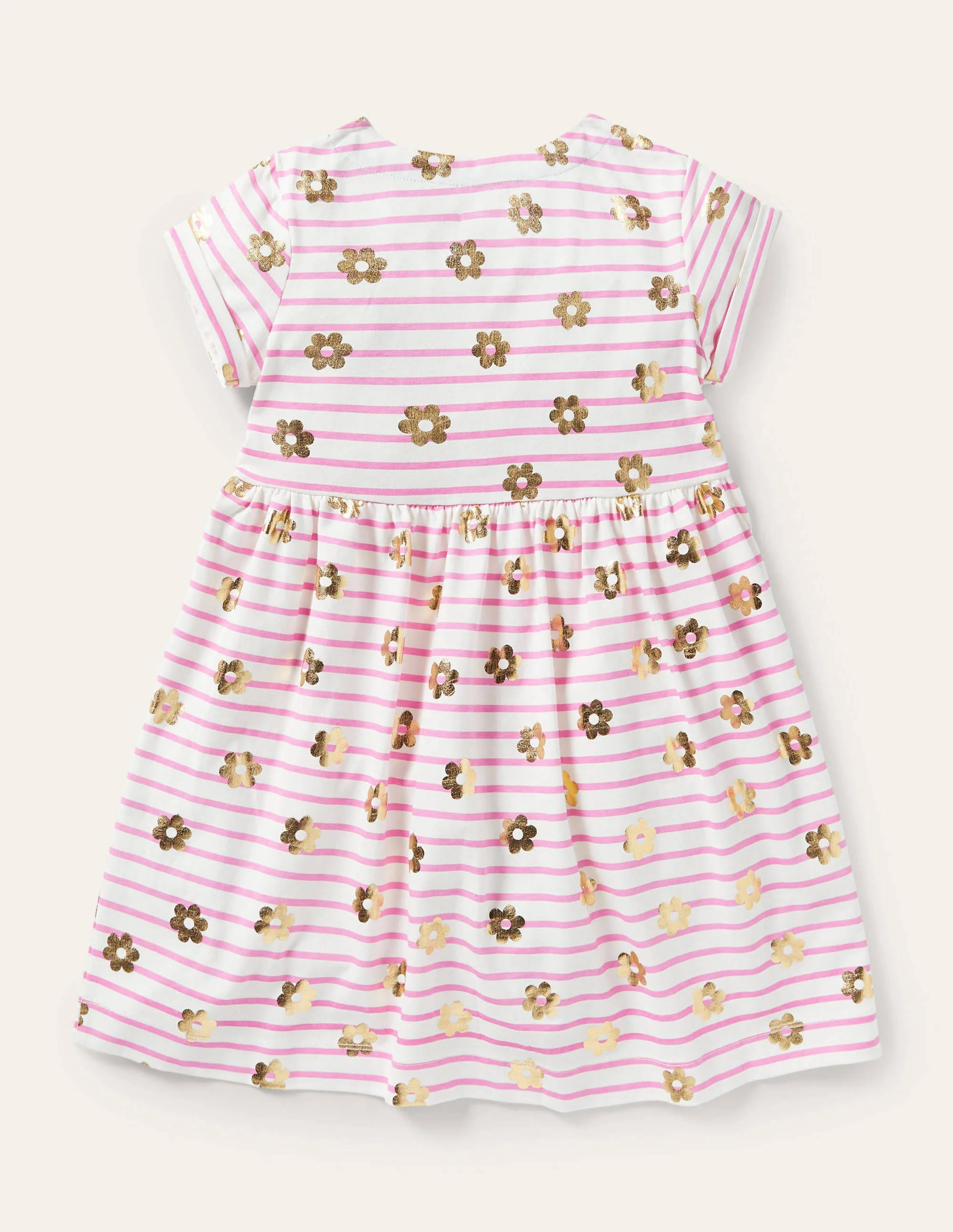 Pink Floral Short Sleeve Jersey Dress-Strawberry Ice Pink Gold Daisy - Image 2