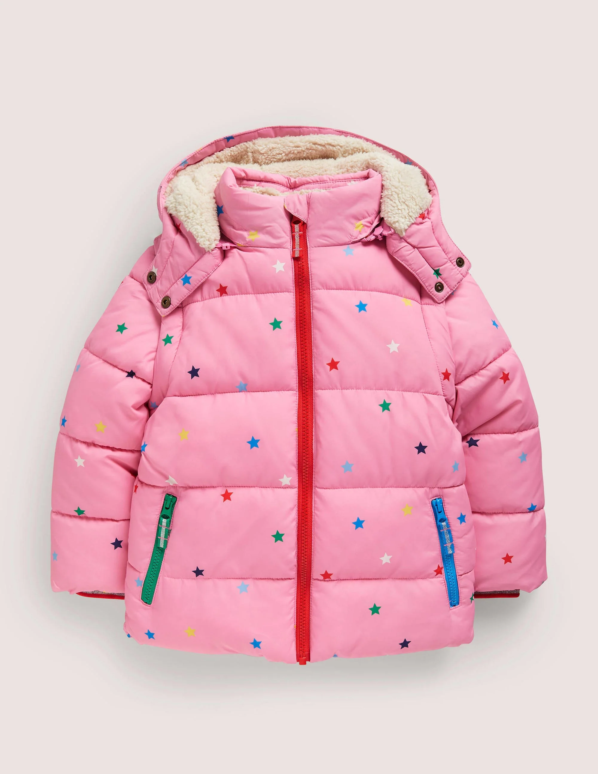 Pink Star Print Hooded Puffer Jacket-Bright Petal Pink Multi Star