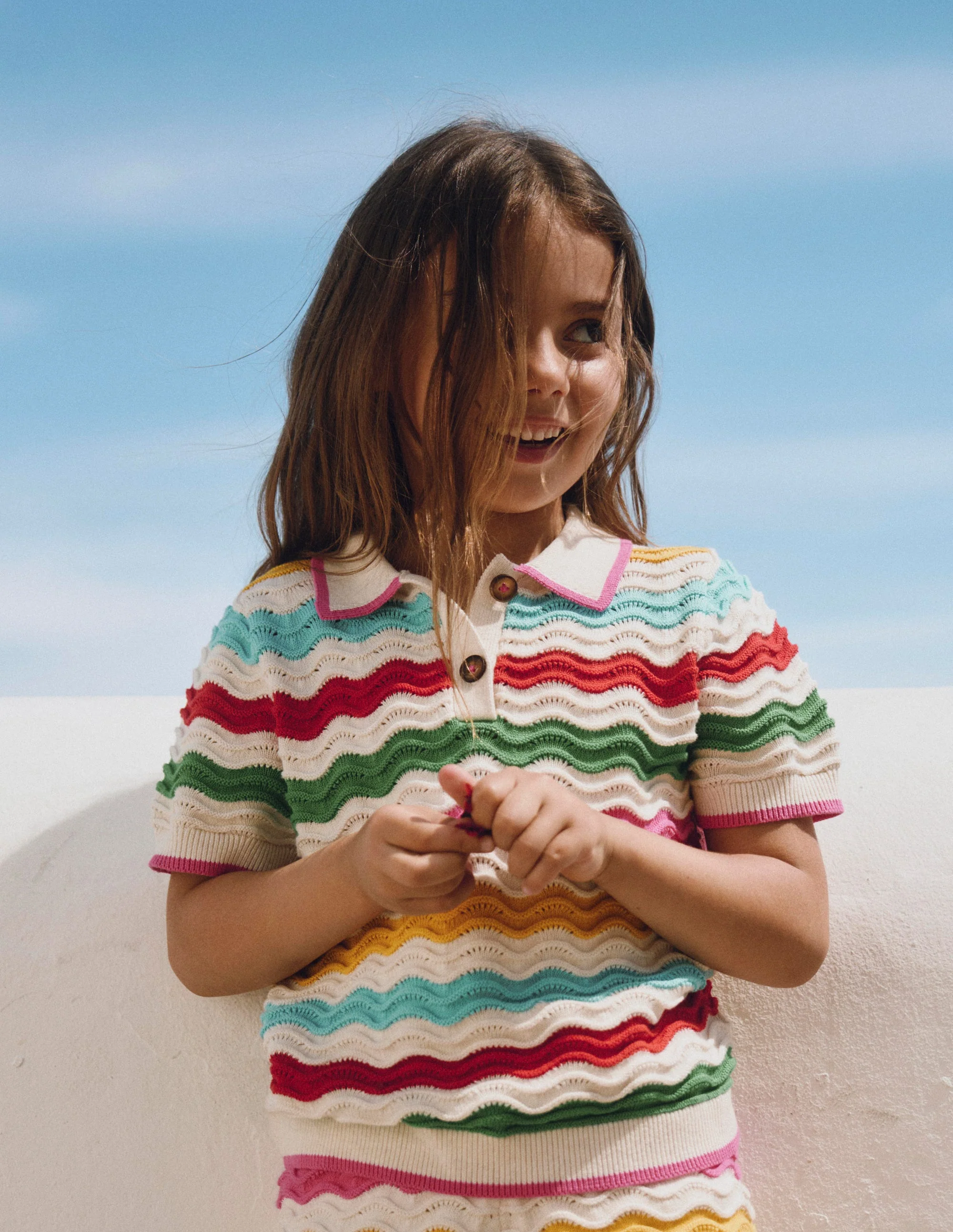 Pointelle Knitted Polo Top-Ecru Marl Multi Wave - Image 4