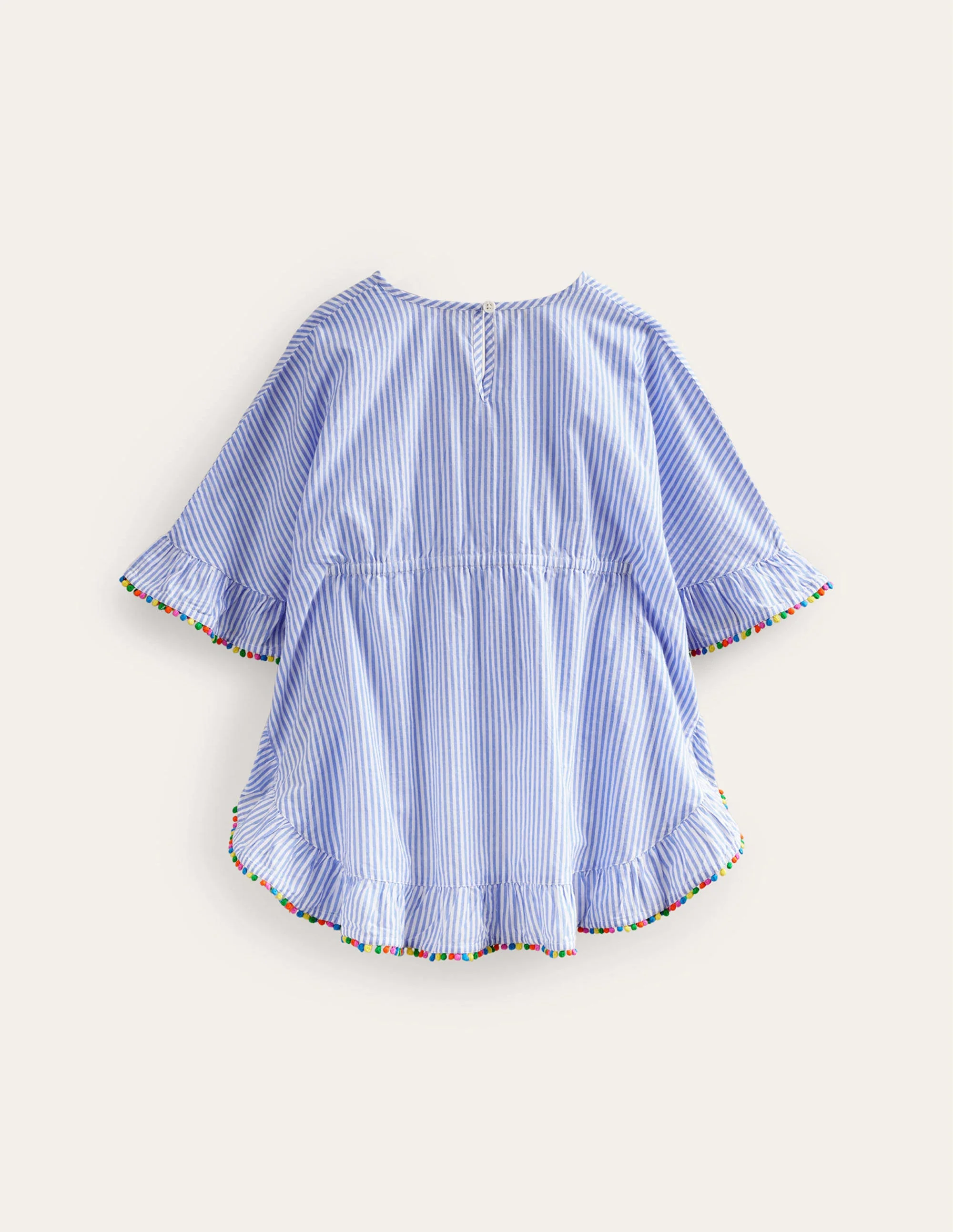 Pom Trim Poncho Kaftan-Surf Blue / Ivory Stripe - Image 2