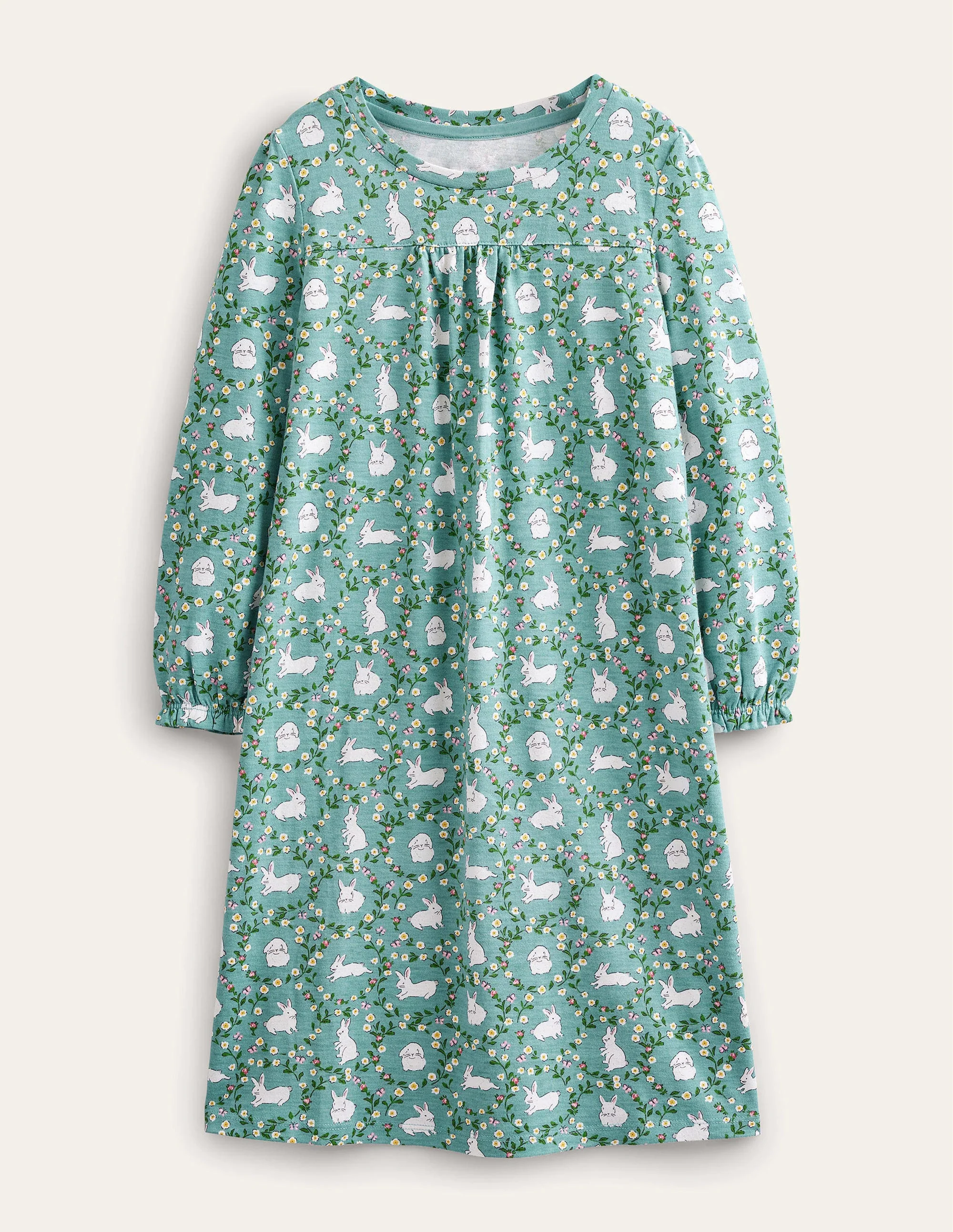 Printed Long-sleeved Nightie-Hot Spring Blue Bunnies
