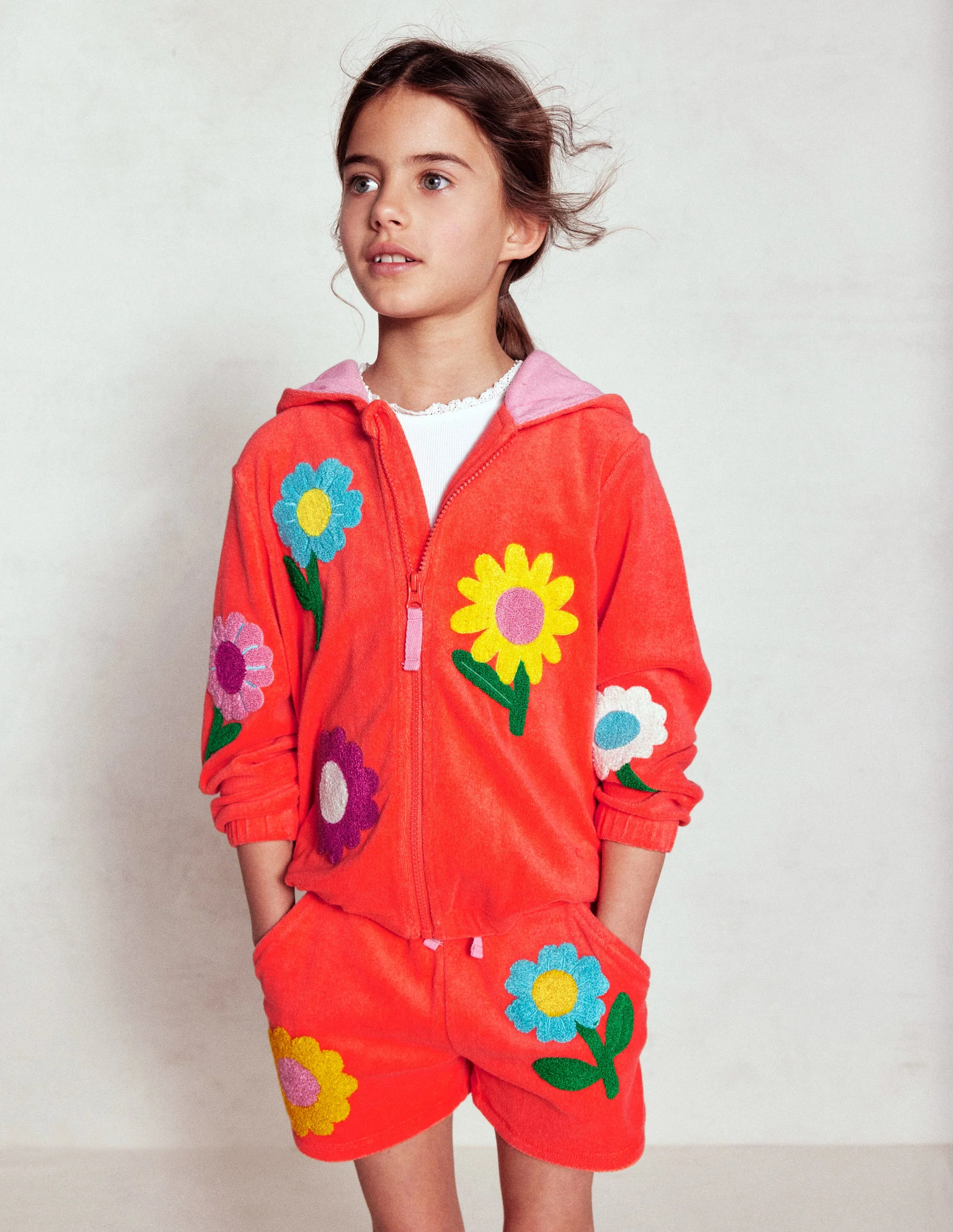 Printed Towelling Short-Coral Orange Flowers - Image 4