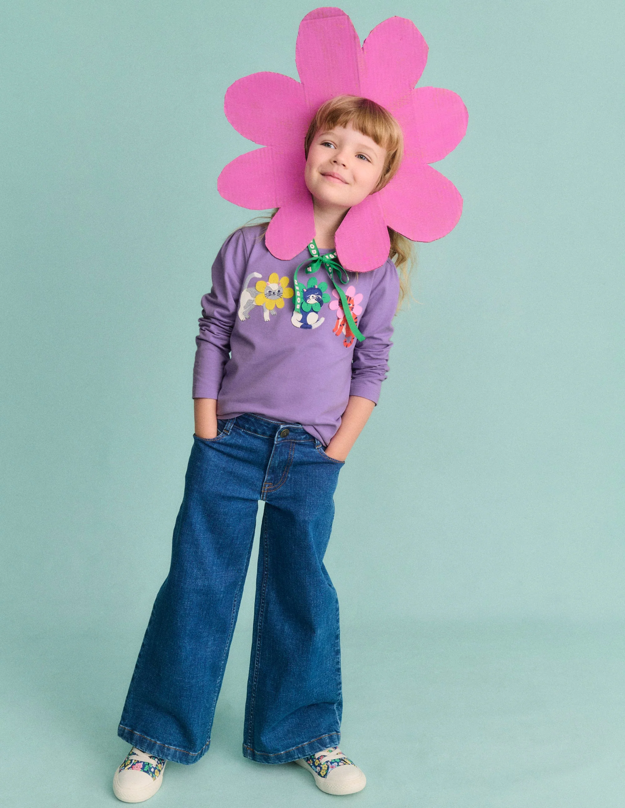 Puff Sleeve Applique T-shirt-Aster Purple Flower Cats - Image 4