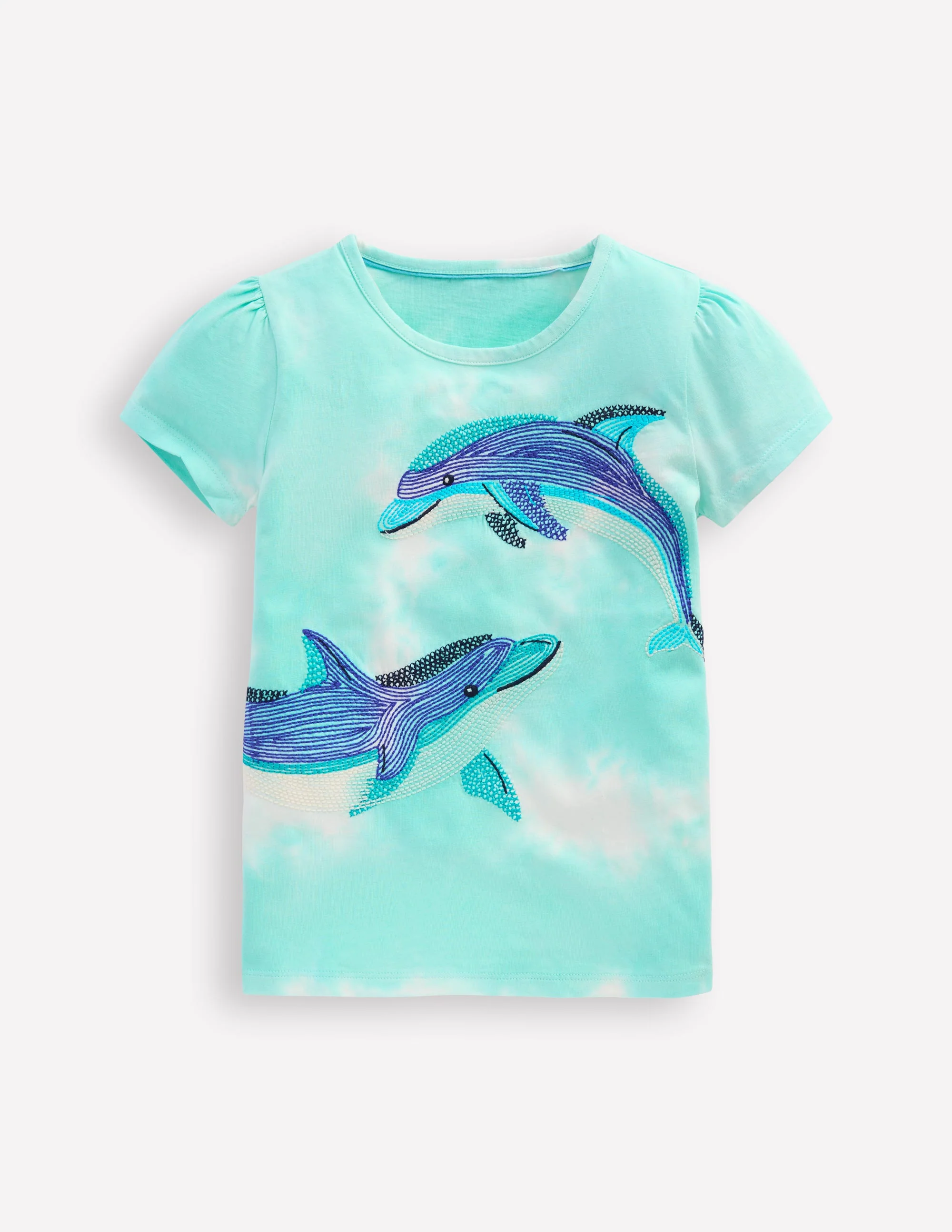 Puff Sleeve Superstitch Top-Blue Dolphins