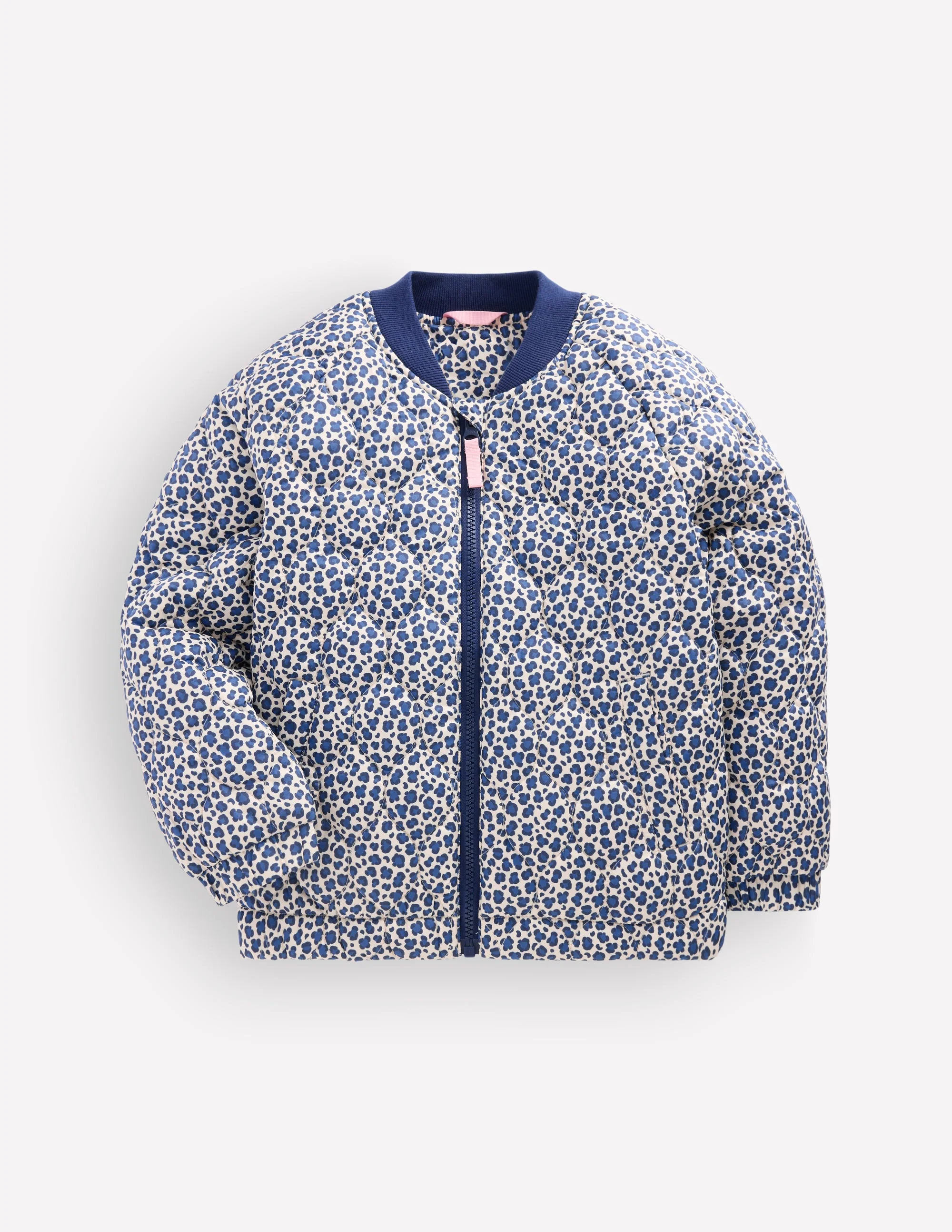 Quilted Bomber Jacket-Calico White/ Blue Leopard