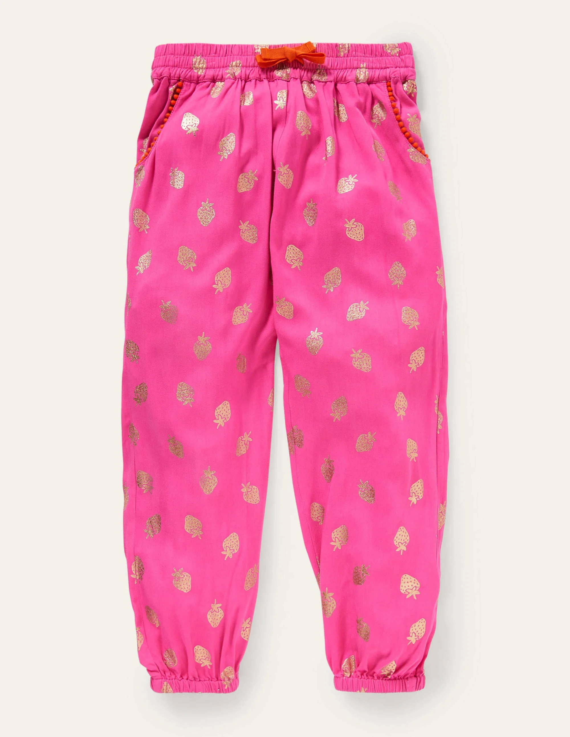 Relaxed Woven Printed Pants-Pop Pansy Pink Foil Strawberry