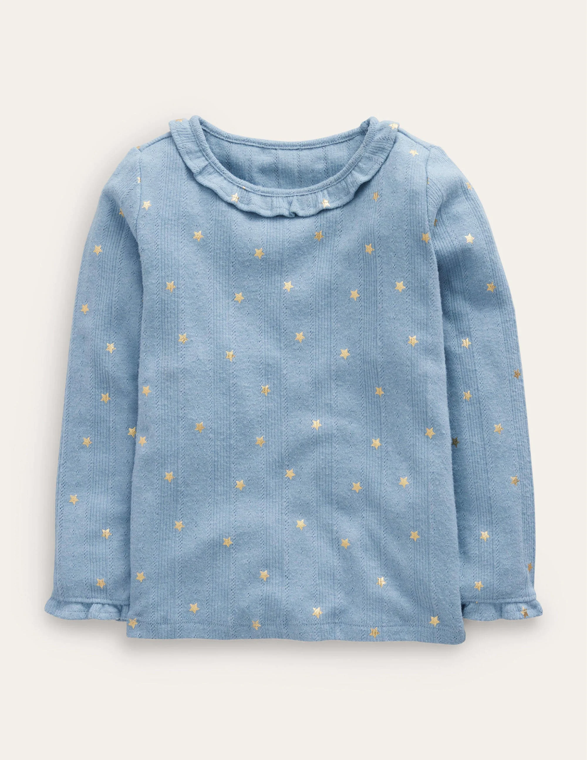 Ruffle Sparkle Pointelle-Pebble Blue Gold Star