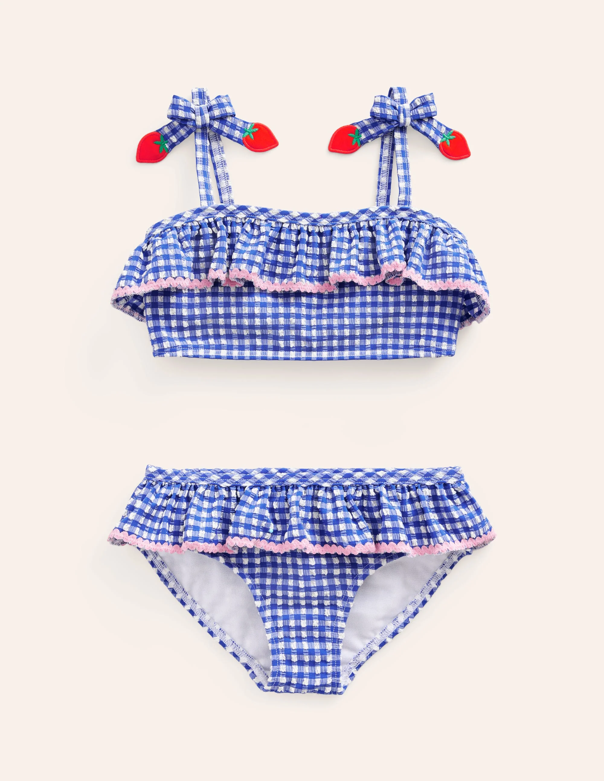 Seersucker Frilly Bikini-Blue Gingham Strawberries