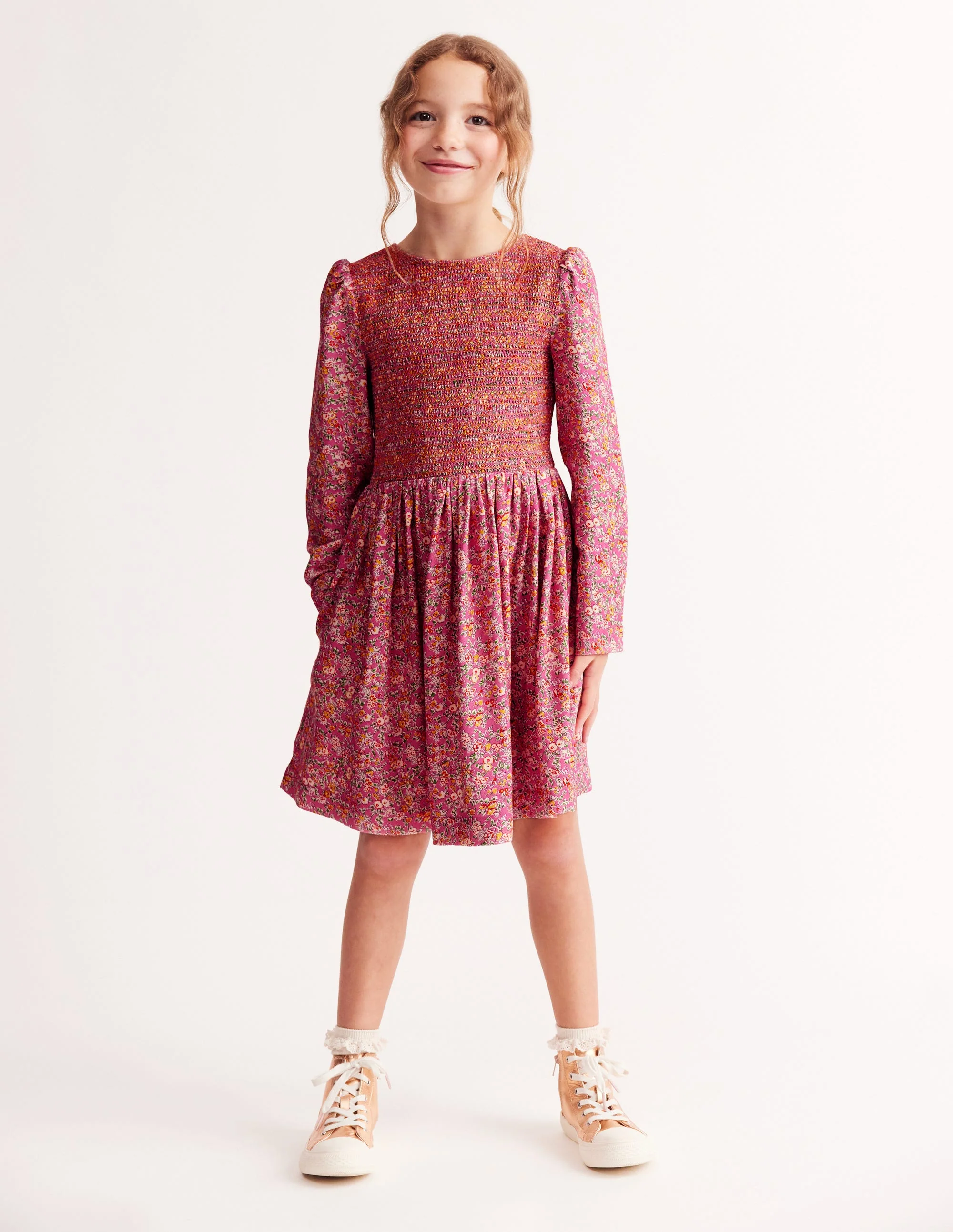 Shirred Bodice Woven Dress-Rose Petal Pink Vintage Floral