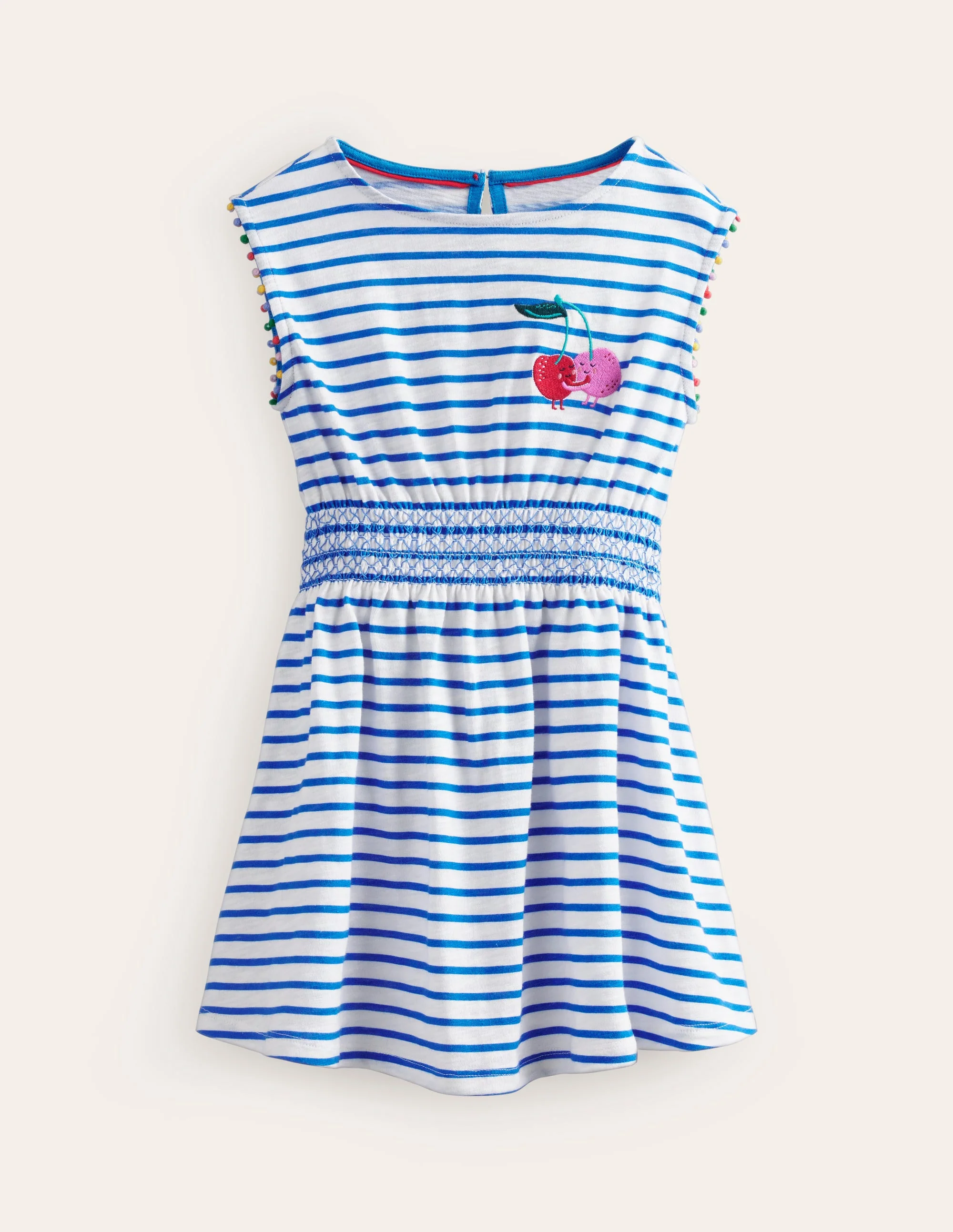 Shirred Waist Jersey Dress-Greek Blue/ Ivory Cherries