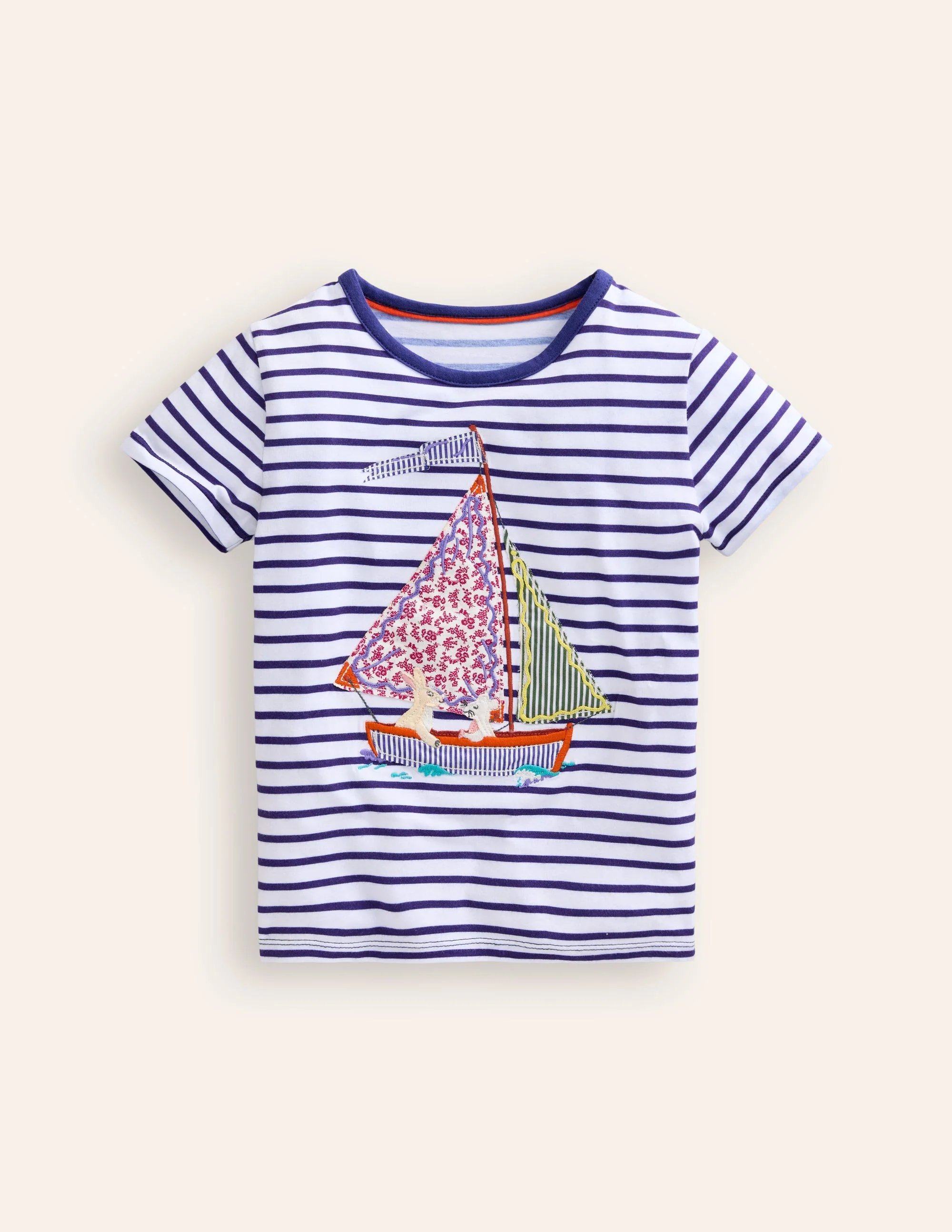 Short Sleeve Appliqué T-shirt-Ivory/ Starboard Stripe Boat