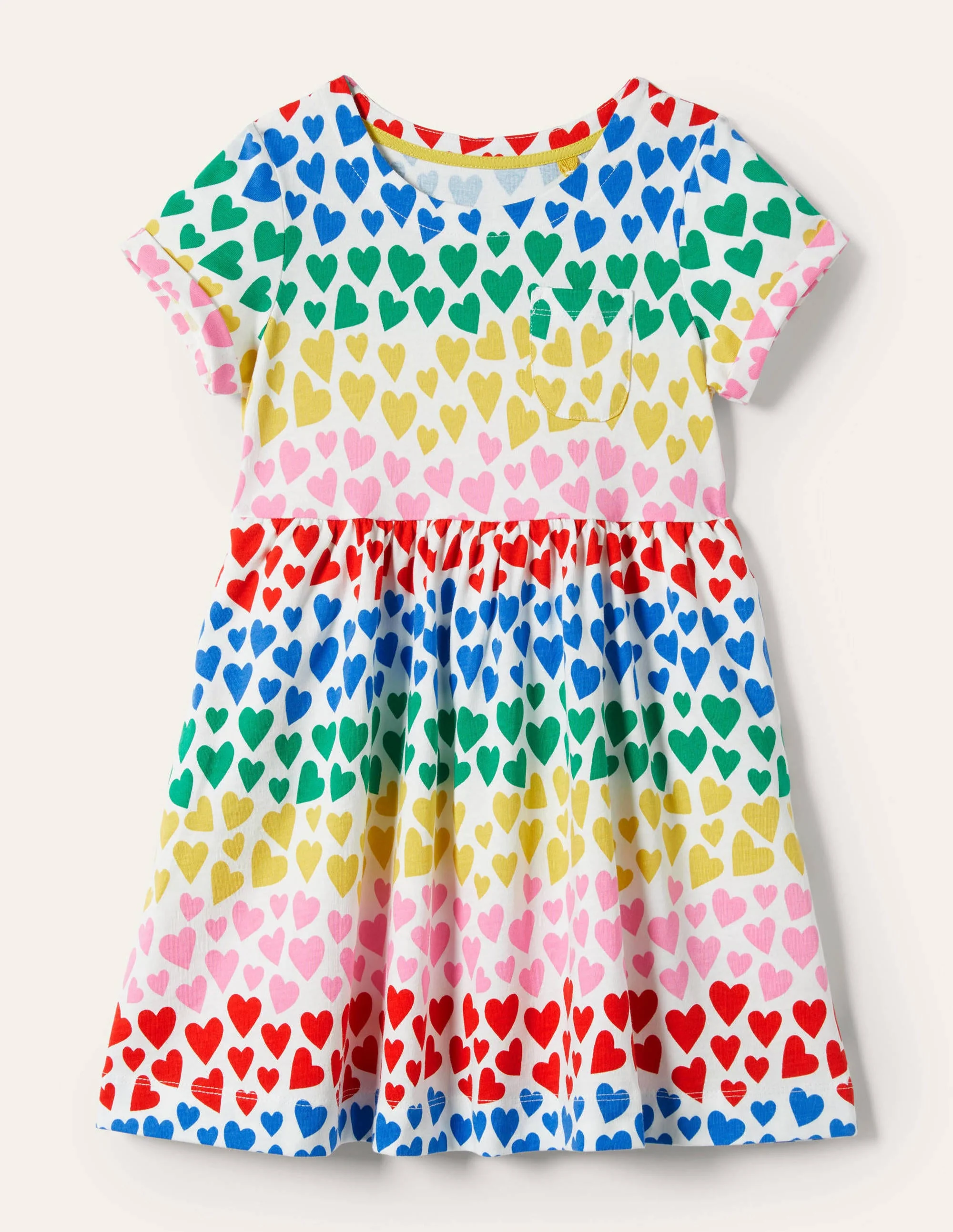 Short Sleeve Fun Jersey Dress-Multi Rainbow Hearts