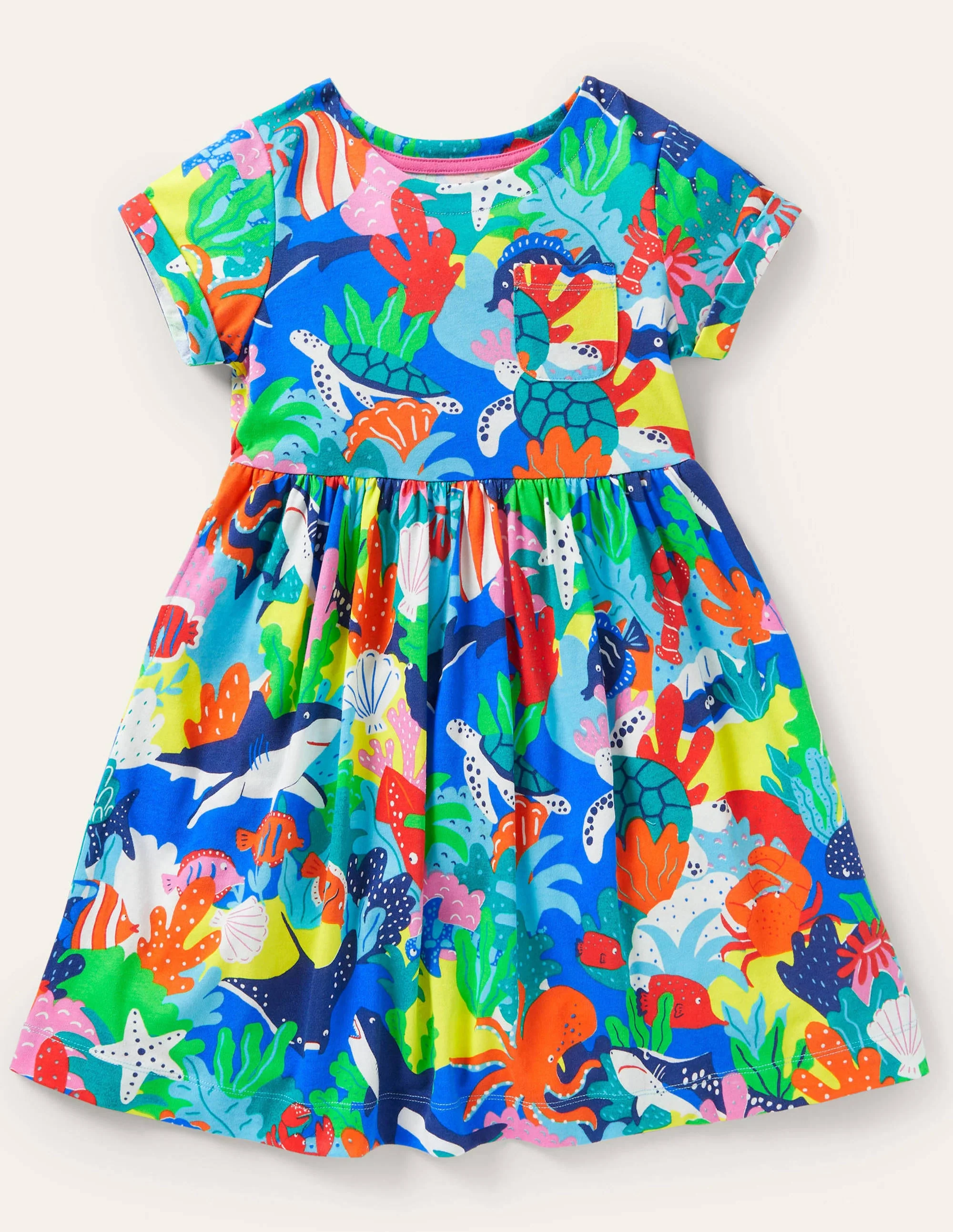 Short Sleeve Fun Jersey Dress-Multi Rainbow Reef