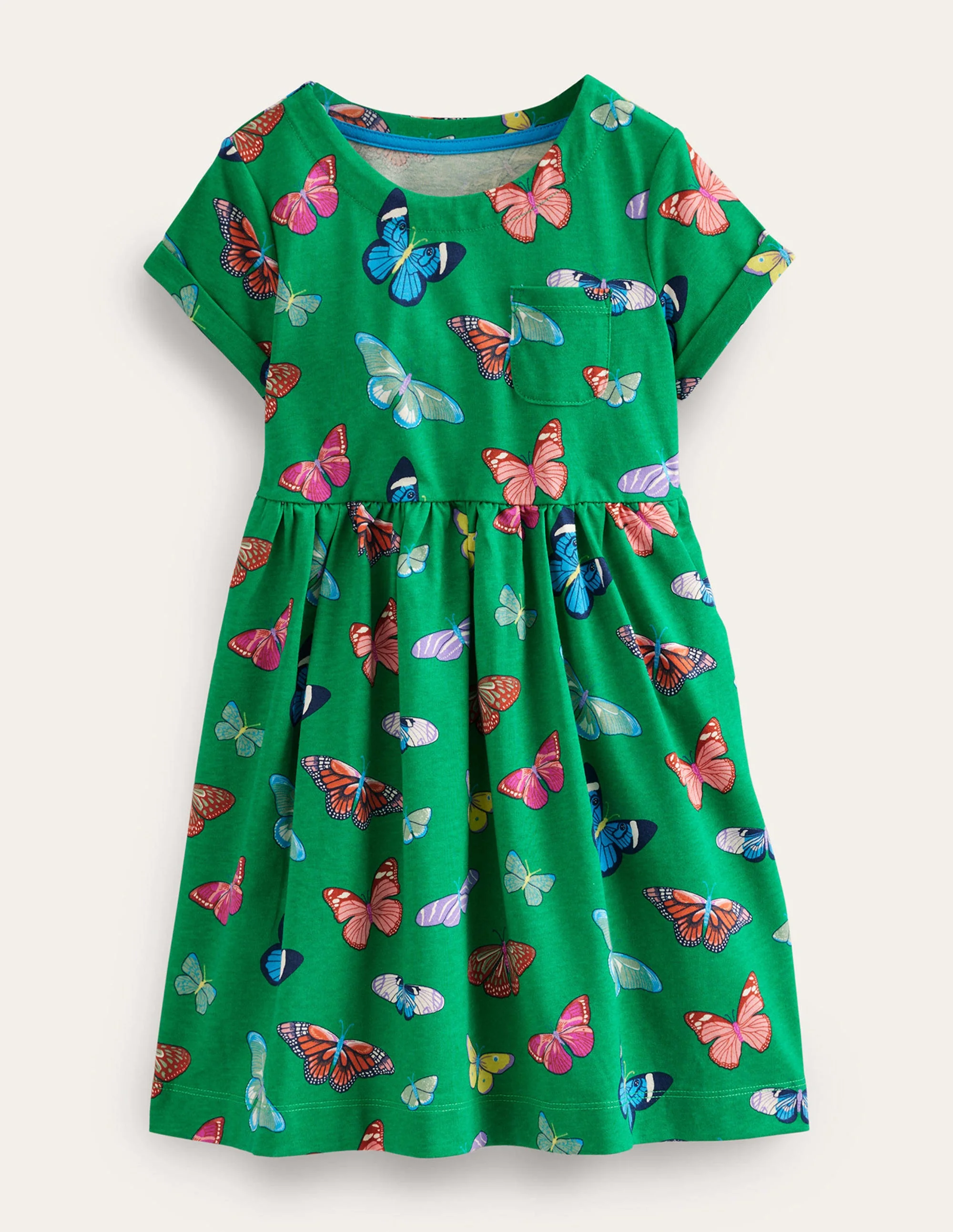Short-sleeved Fun Jersey Dress-Meadow Green Butterflies
