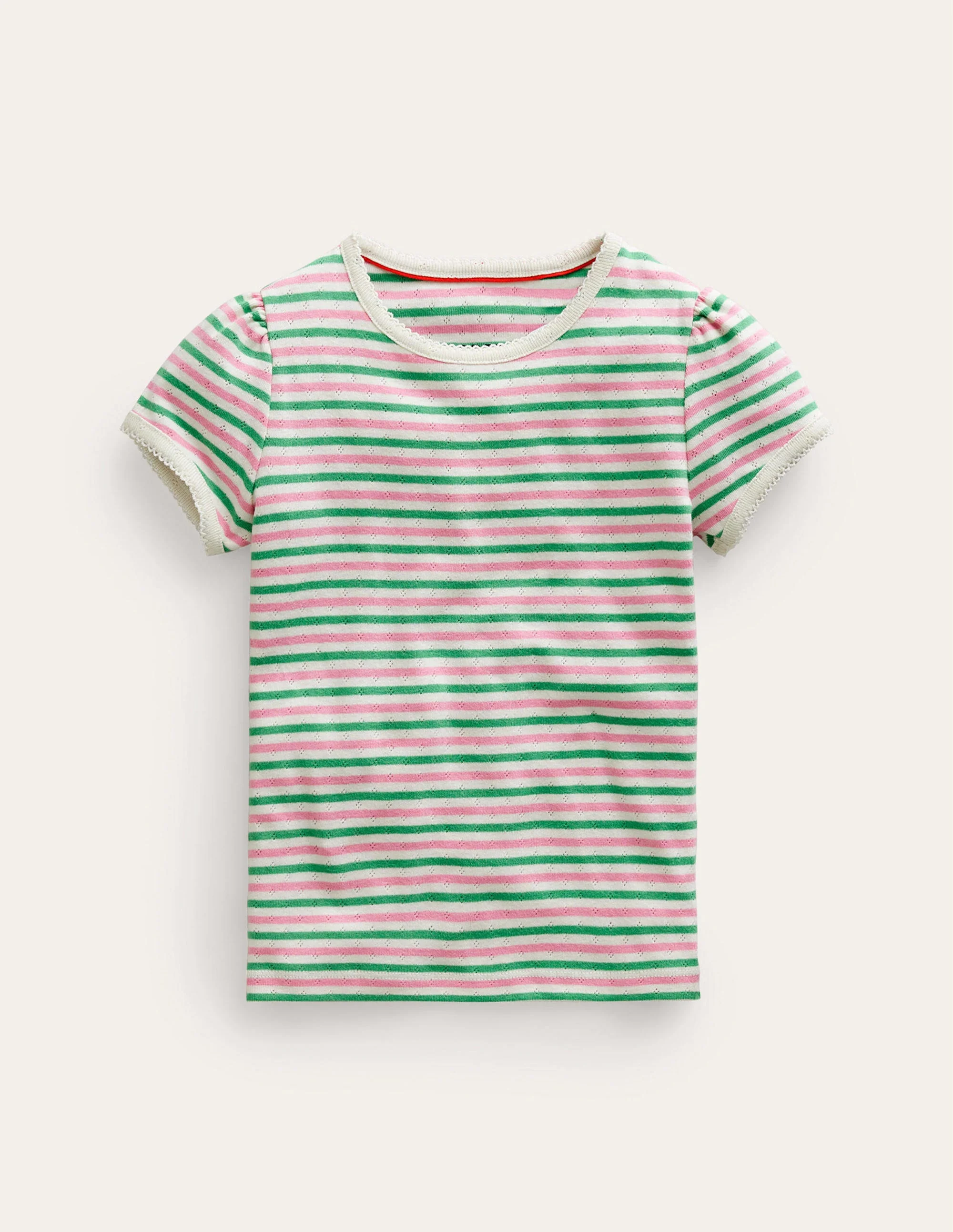 Short-sleeved Pointelle Top-Bubblegum Pink/Aloe Green