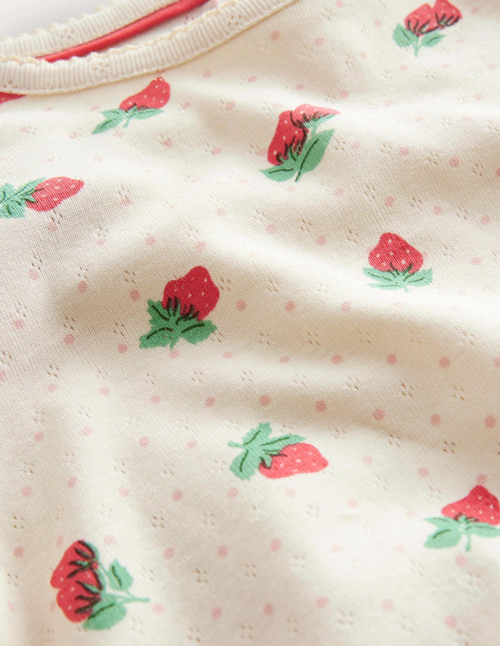 Short-Sleeved Pointelle Top-Ivory Strawberries - Image 3