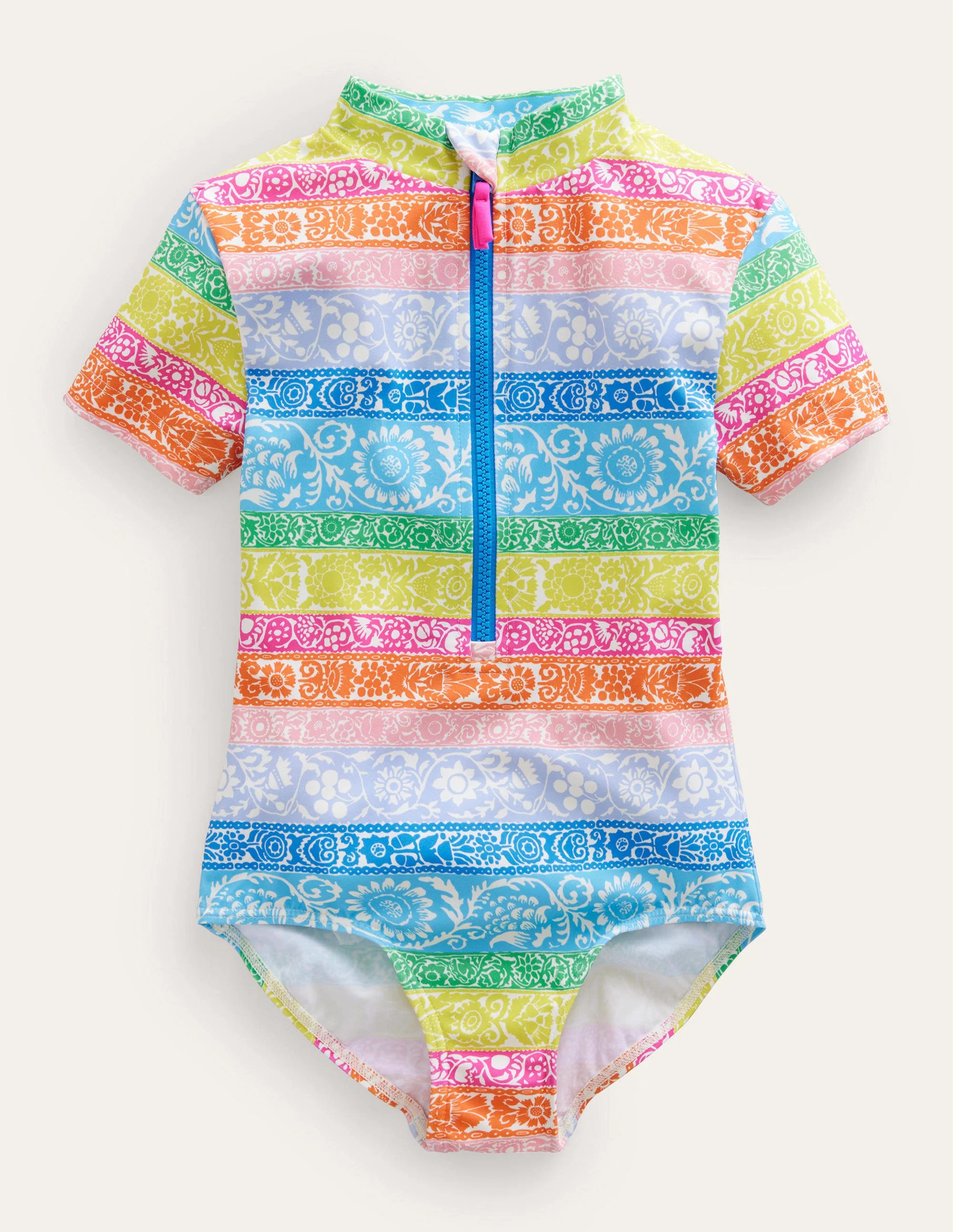 Short-sleeved Swimsuit-Ivory, Multi Wallpaper Stripe