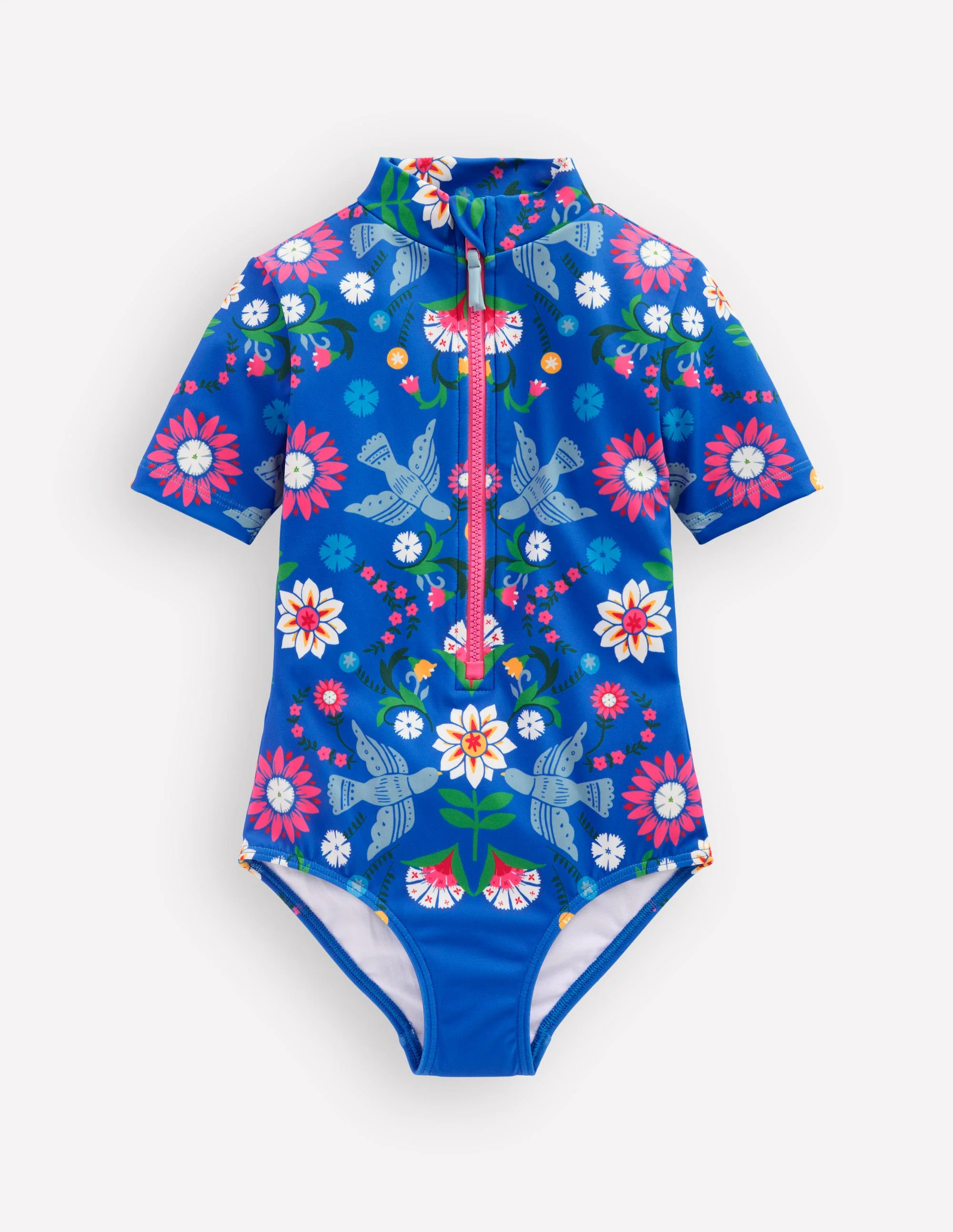 Short-sleeved Swimsuit-Kingfisher Blue Bird Floral