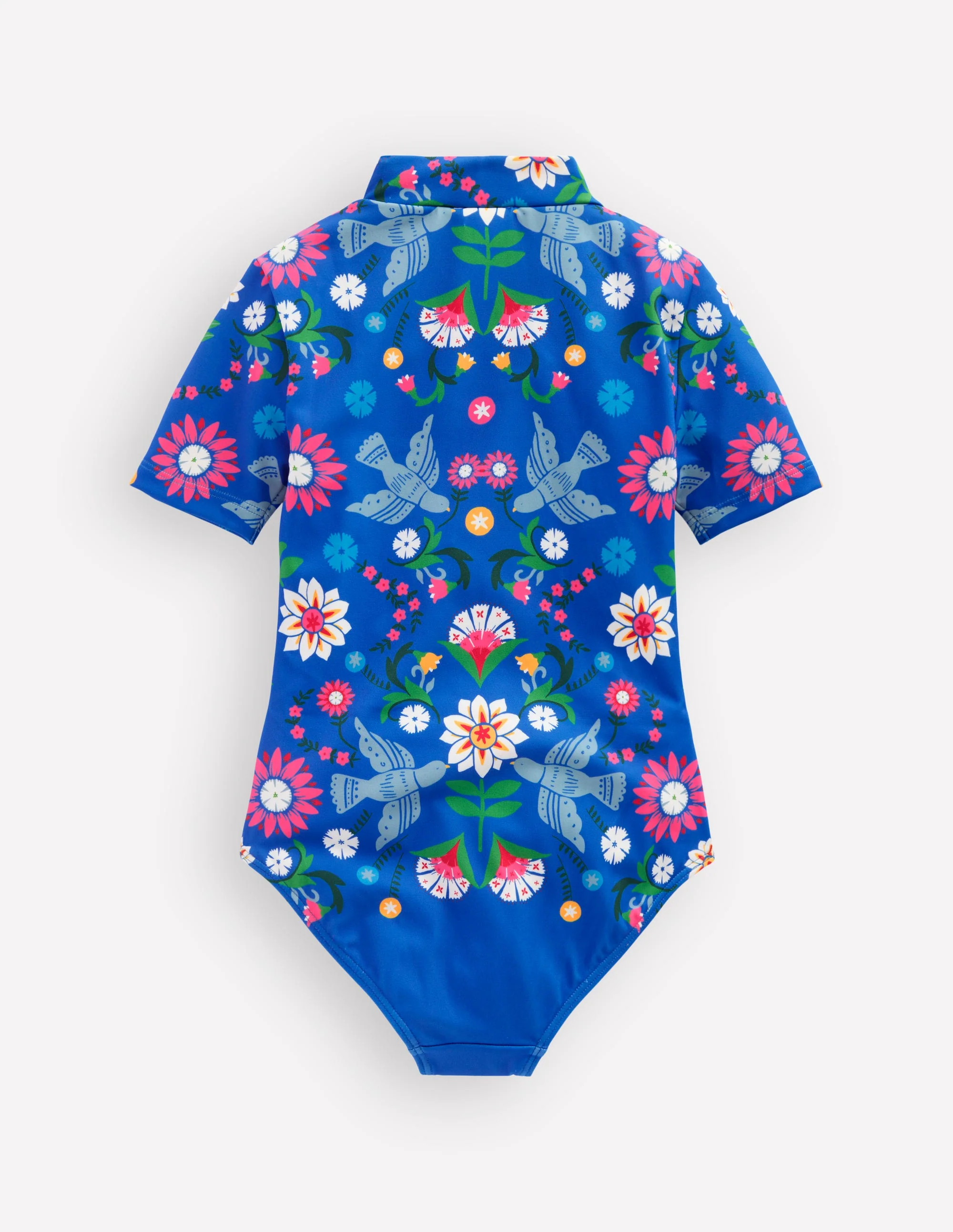 Short-sleeved Swimsuit-Kingfisher Blue Bird Floral - Image 2
