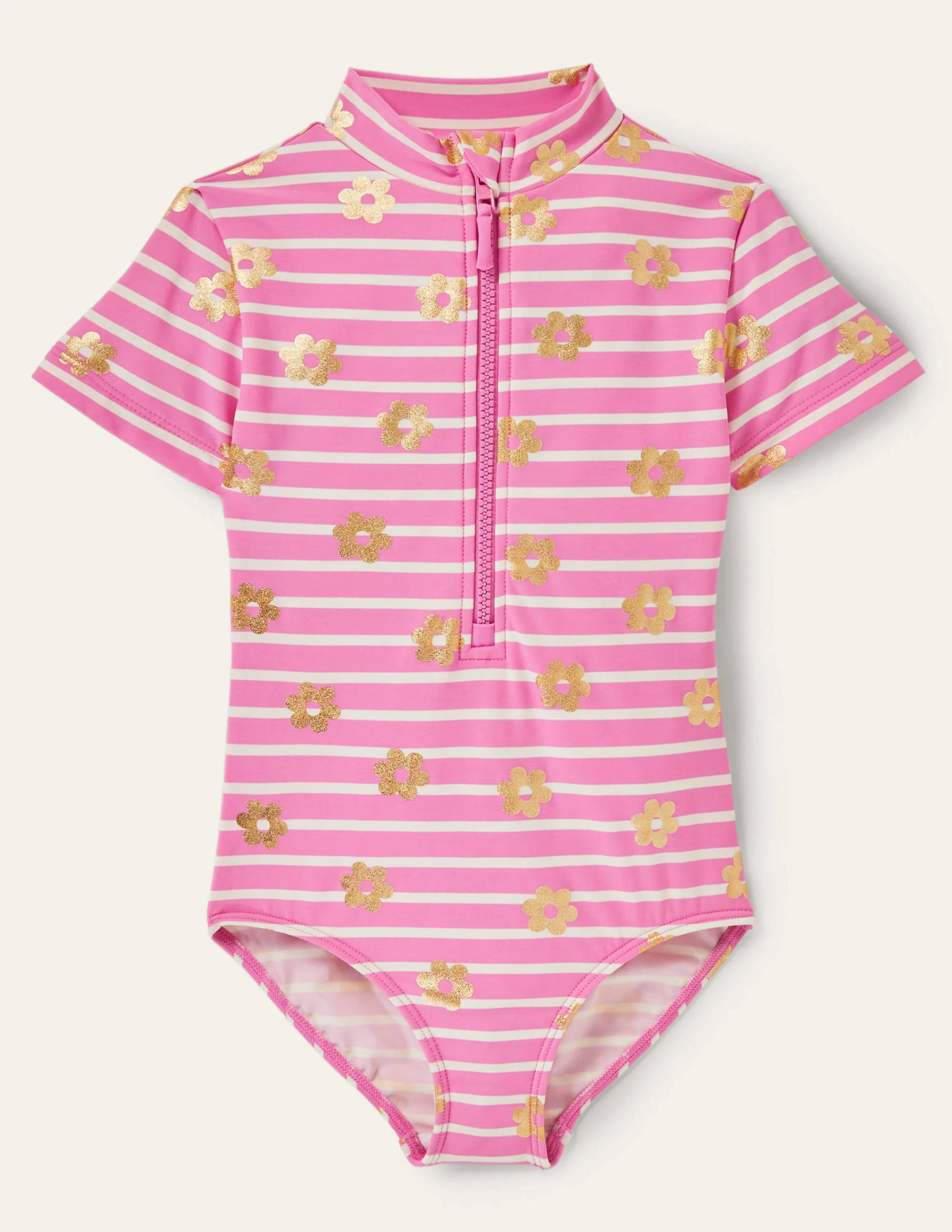 Short-sleeved Swimsuit-Strawberry Pink Foil Daisy