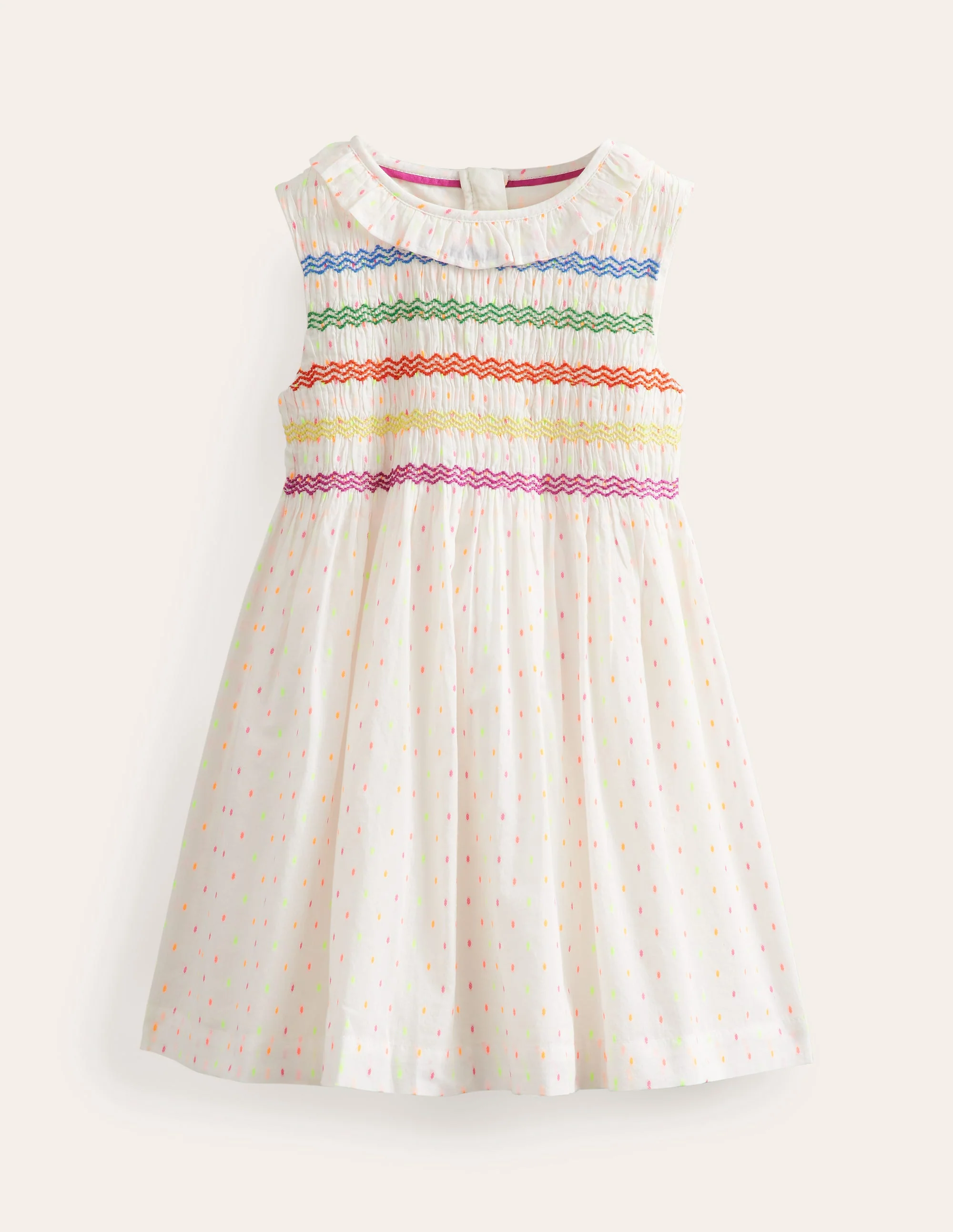 Smocked Bodice Dress-Ivory Dobby