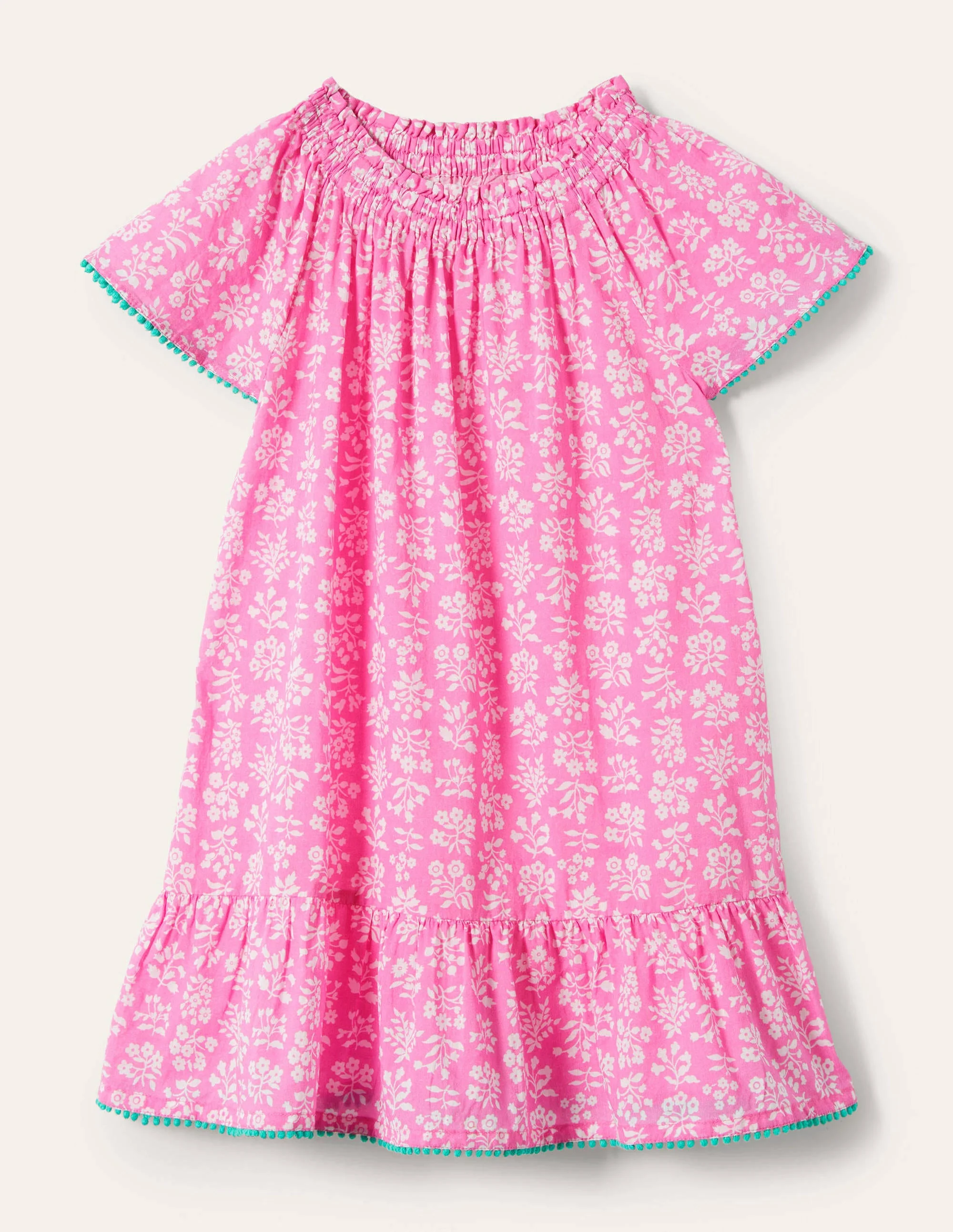 Smocked Printed Kaftan-Strawberry Ice Pink Woodblock