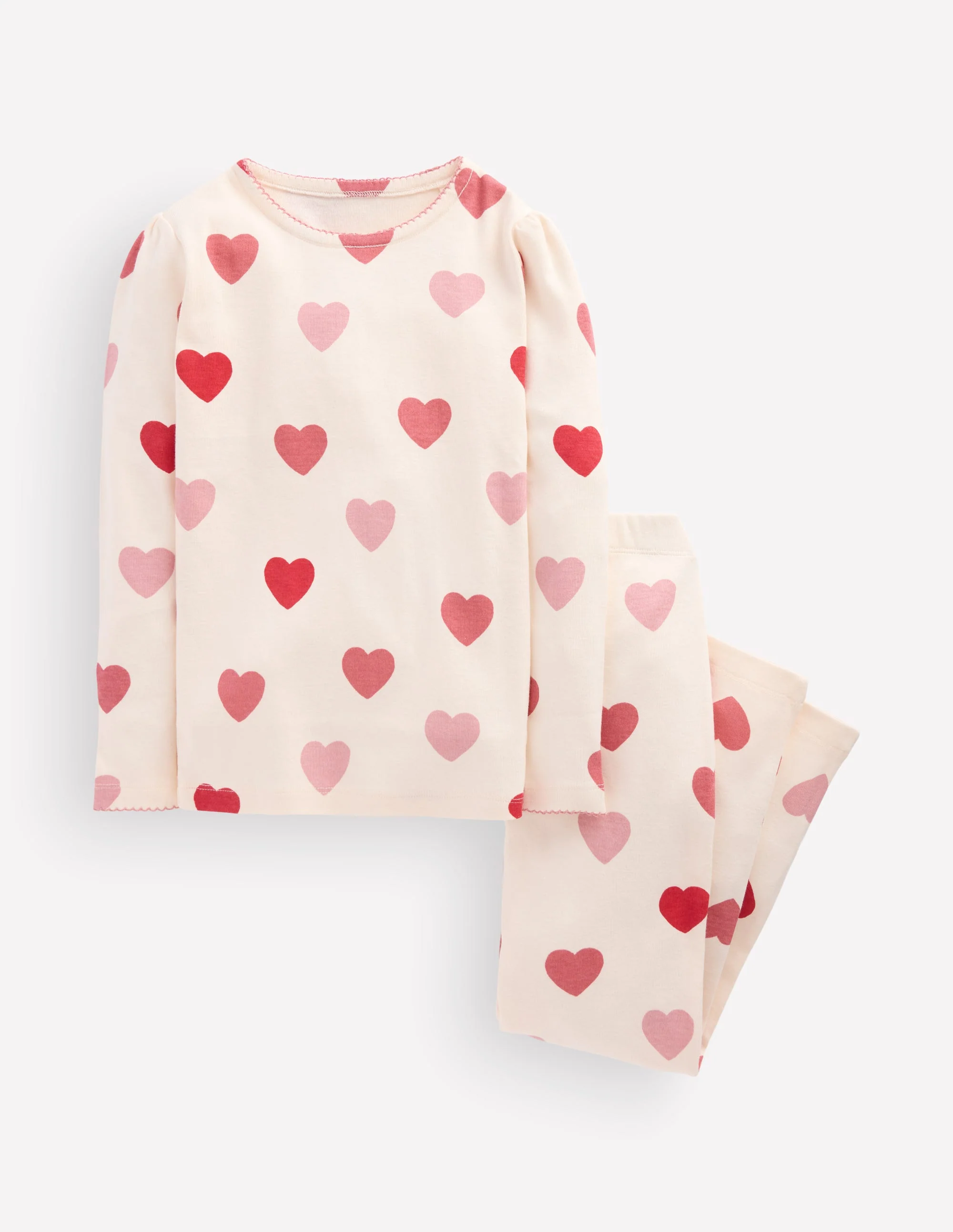 Snug Long John Pajamas-Soft Ivory Hearts