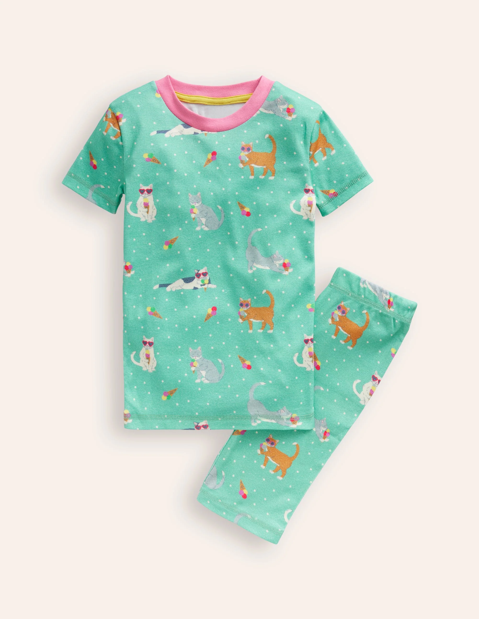 Snug Short John Pajamas-Aqua Sea Blue Holiday Cats