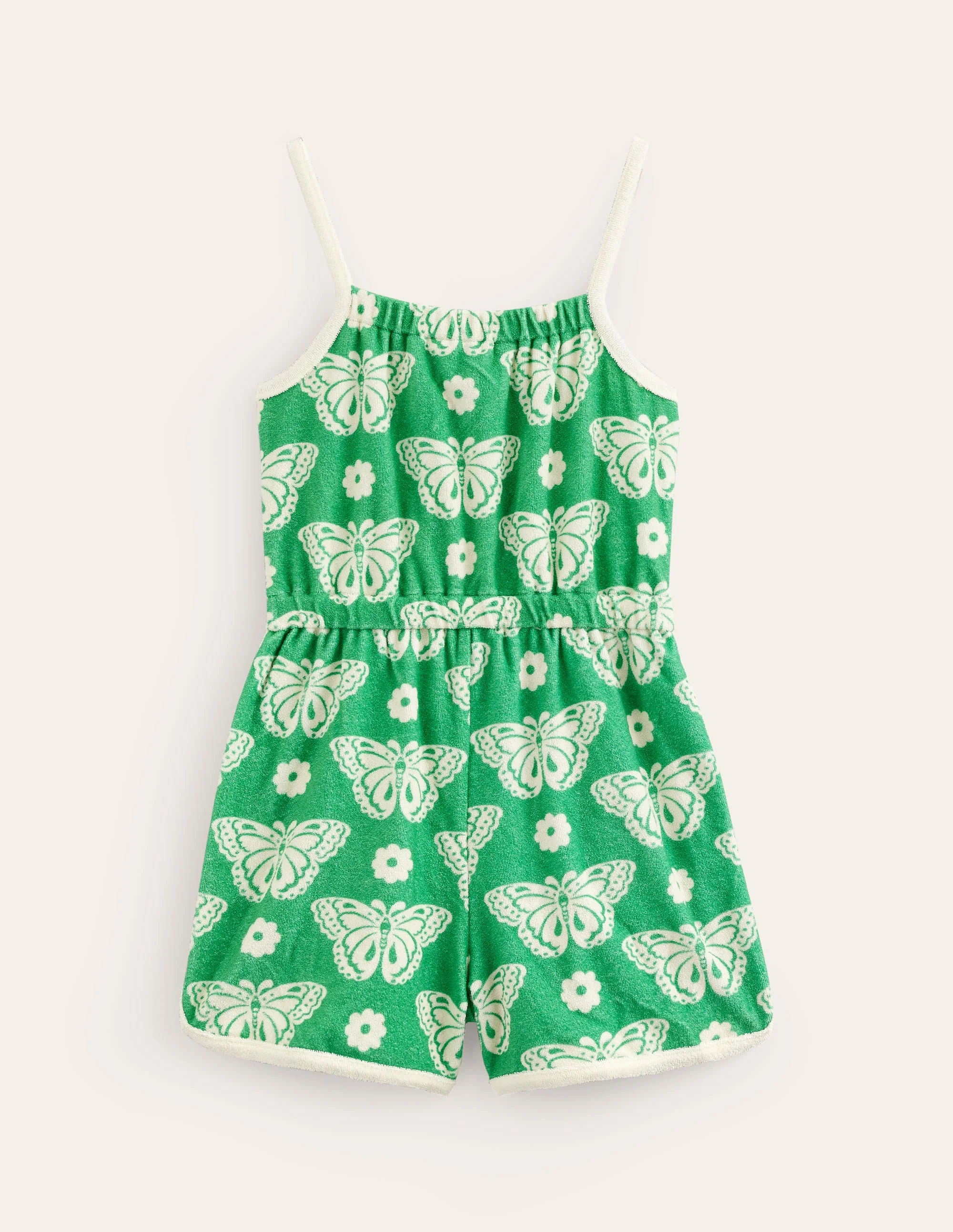 Strappy Towelling Romper-Pea Green Butterfly Stamp - Image 2