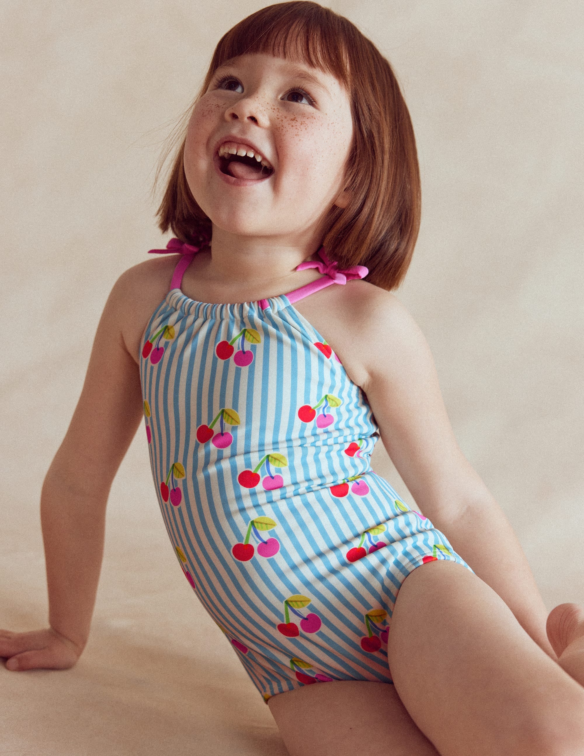 Tie Shoulder Swimsuit-Cloud Blue Stripe Cherries - Image 2