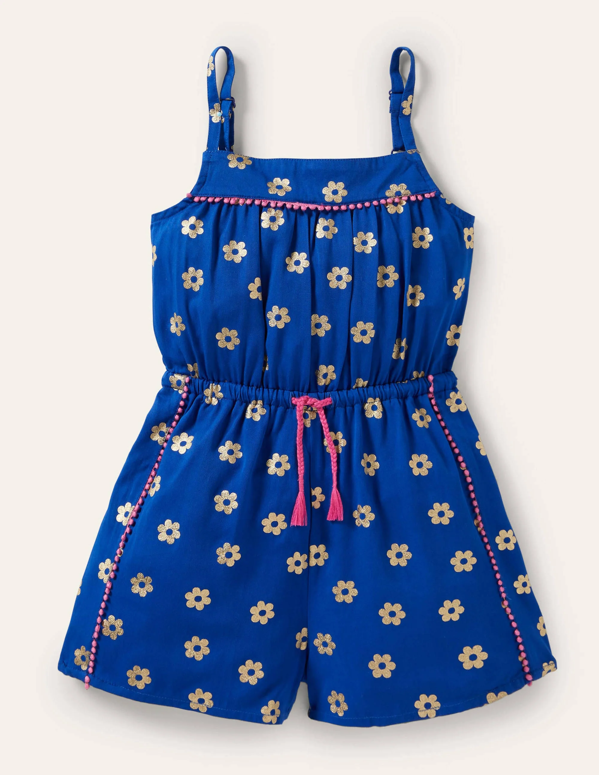 Woven Vacation Romper-Blue Wave Foil Daisy