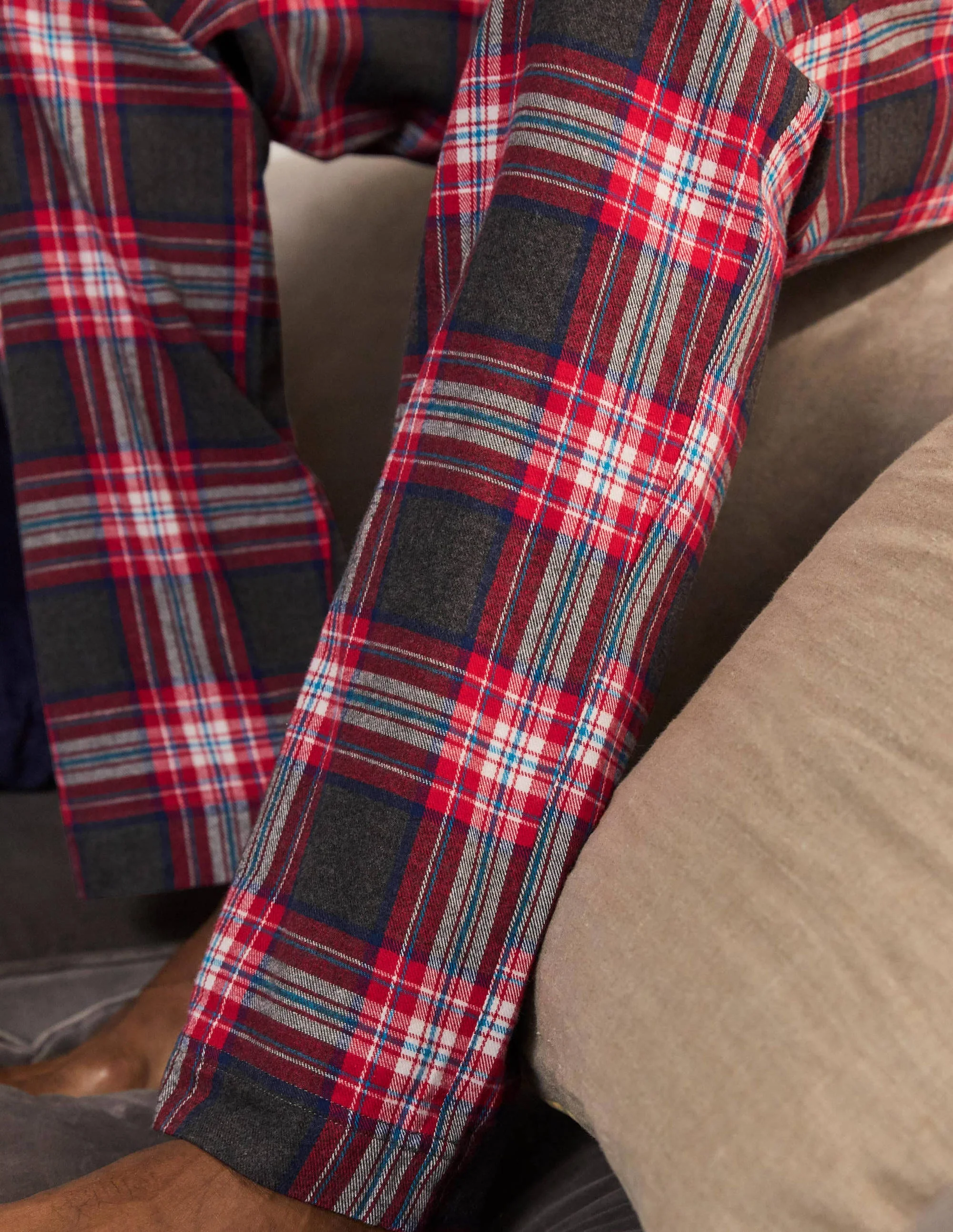 Brushed Cotton Pajama Bottoms-Charcoal Marl/Chorizo Check - Image 2