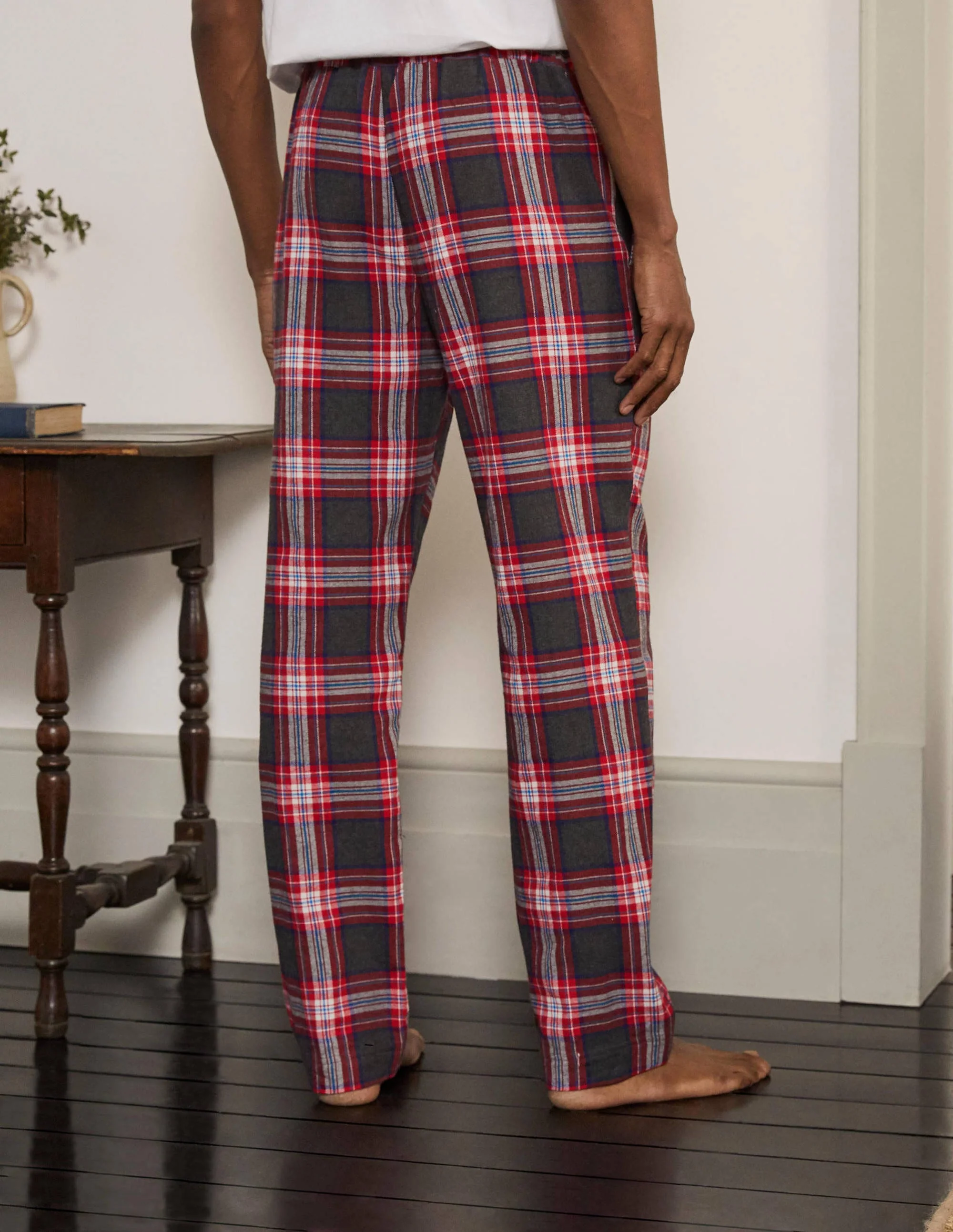 Brushed Cotton Pajama Bottoms-Charcoal Marl/Chorizo Check - Image 3