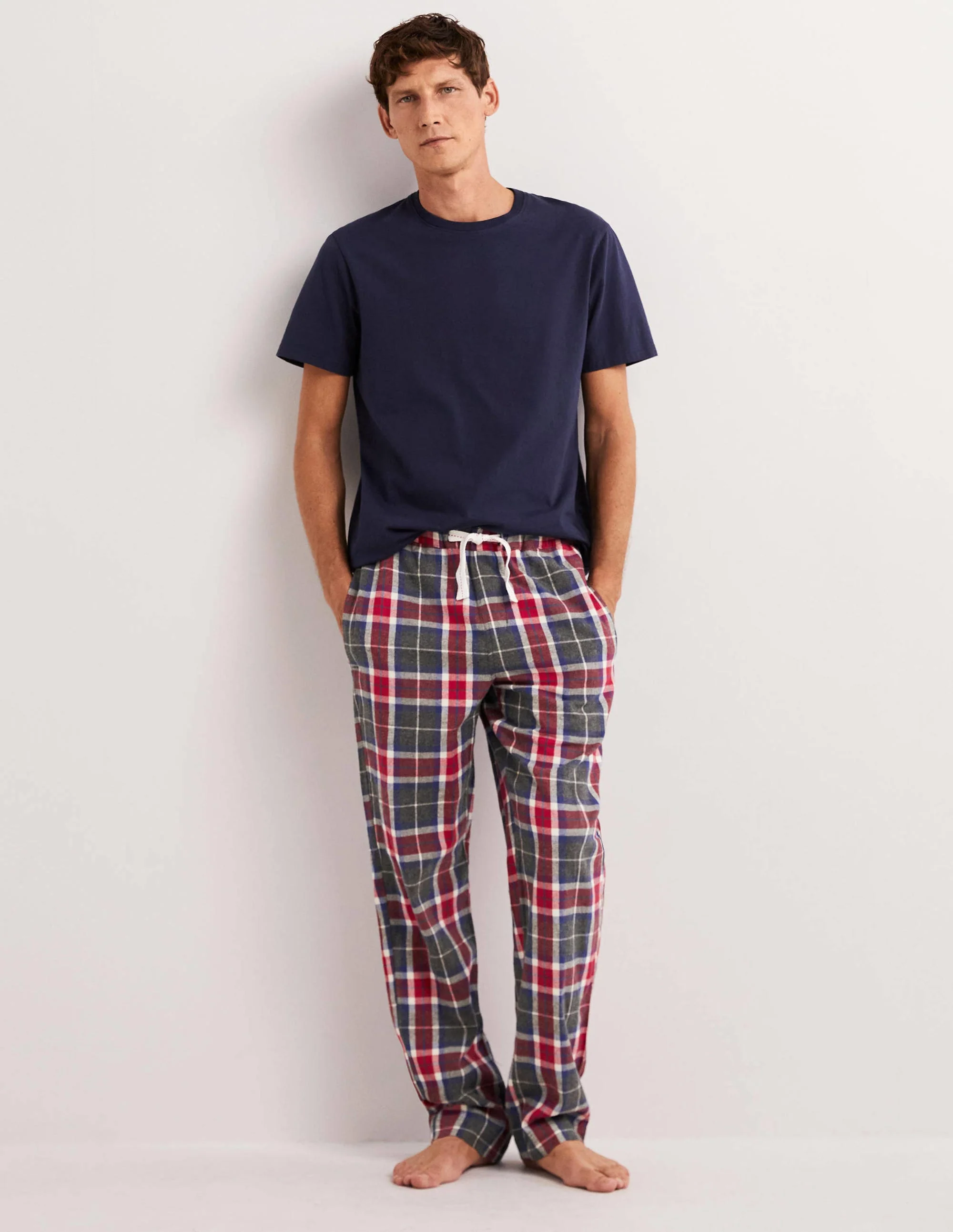 Brushed Cotton Pajama Bottoms-Charcoal Marl/Red Check