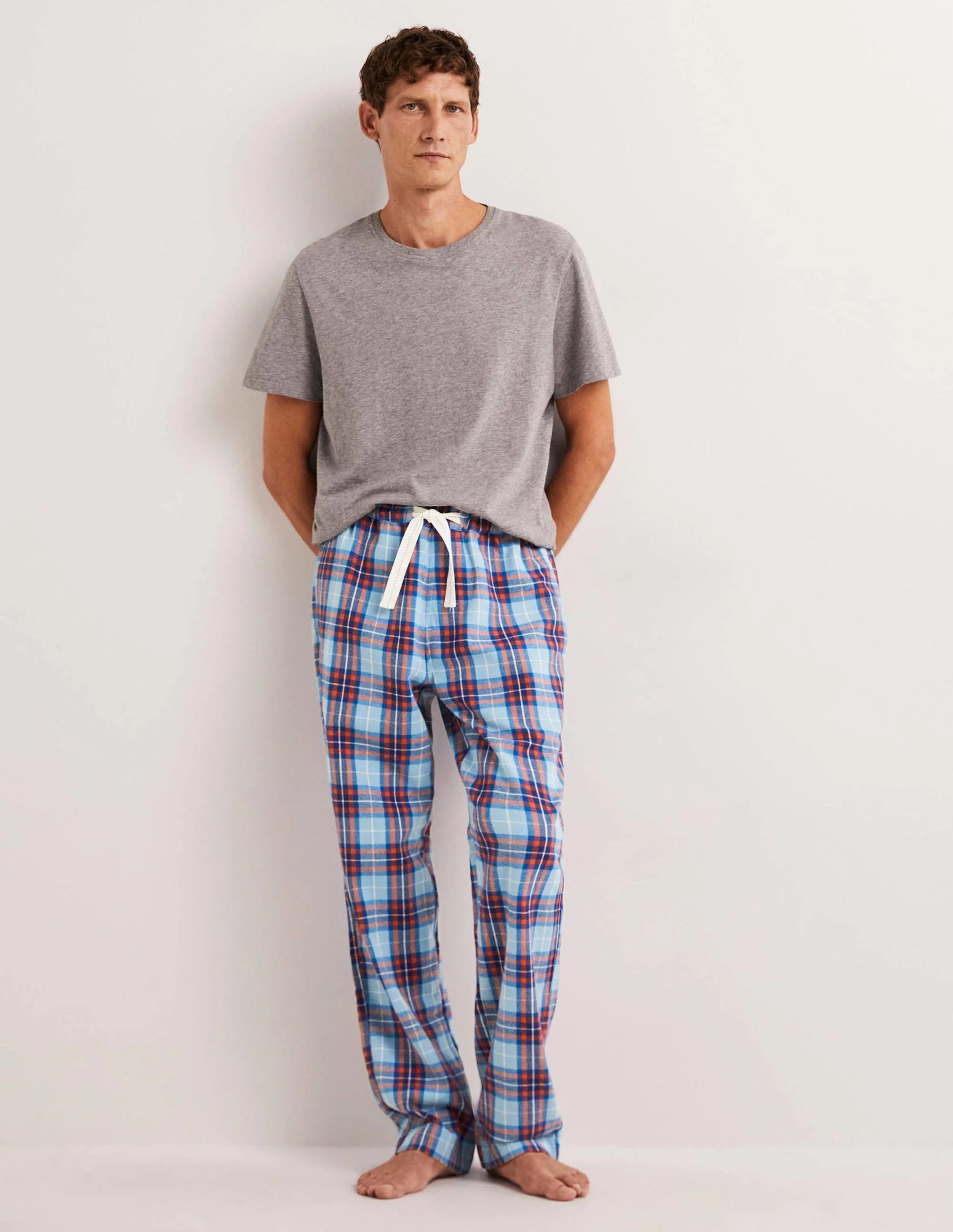 Brushed Cotton Pajama Bottoms-Dusty Blue/Red Check