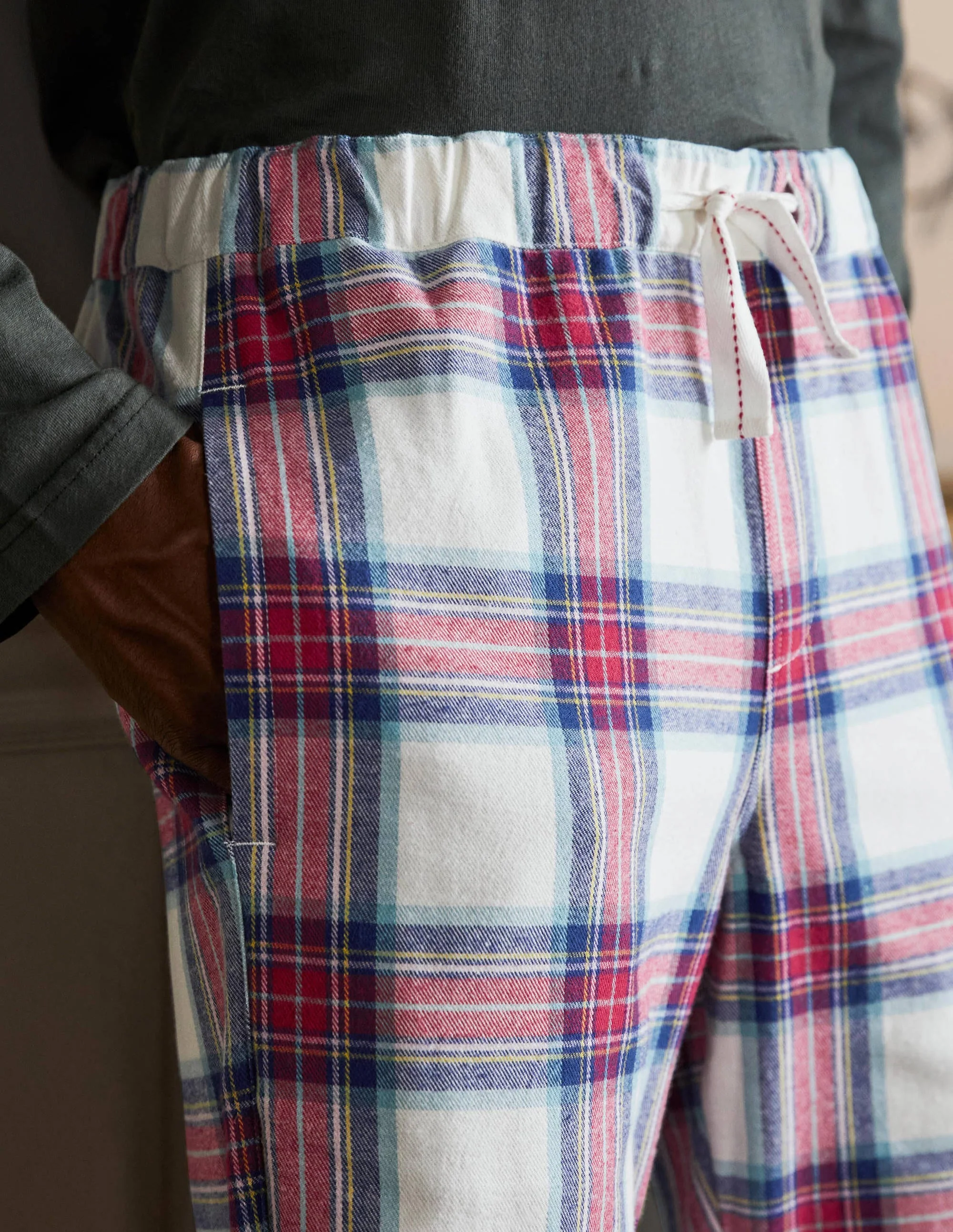 Brushed Cotton Pajama Bottoms-Ivory/ Rockabilly Red Check - Image 2