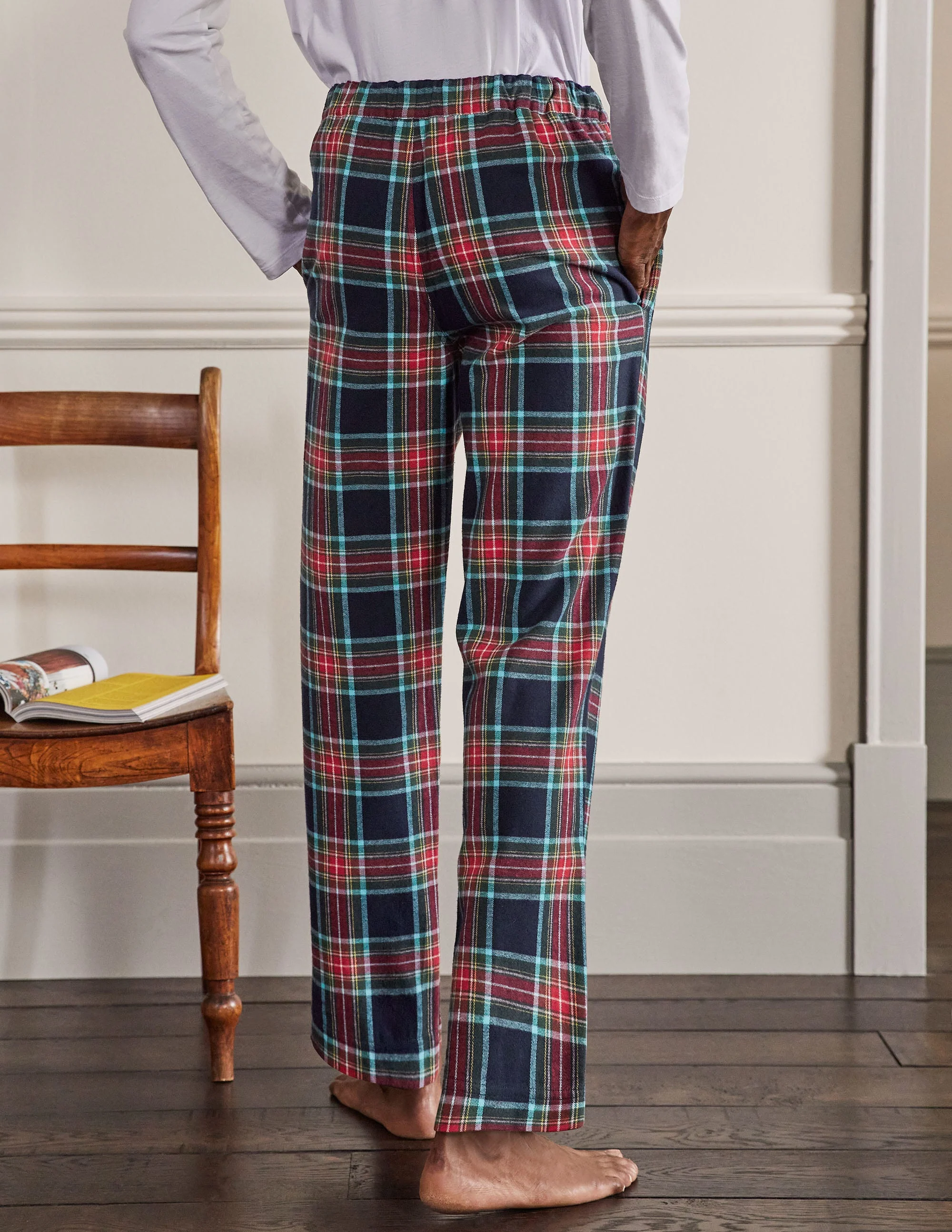 Brushed Cotton Pajama Bottoms-Navy/ Rockabilly Red Check - Image 3