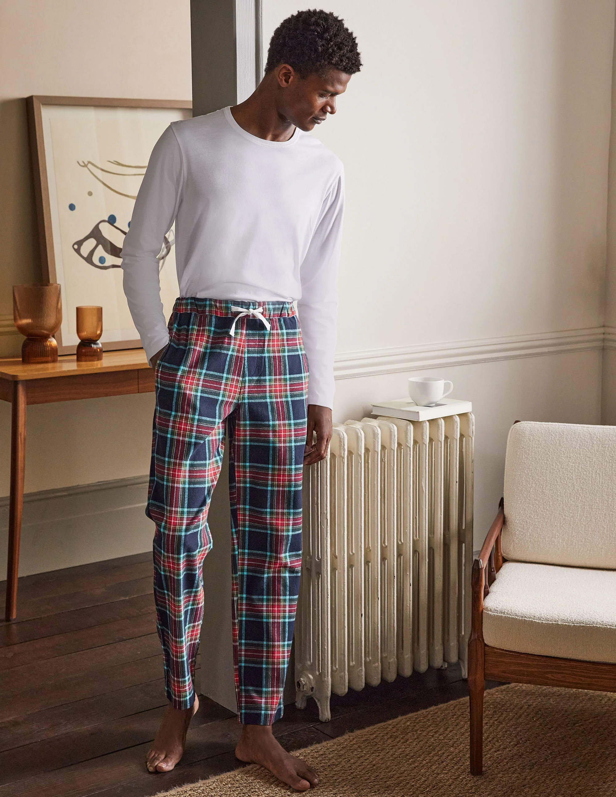 Brushed Cotton Pajama Bottoms-Navy/ Rockabilly Red Check - Image 7
