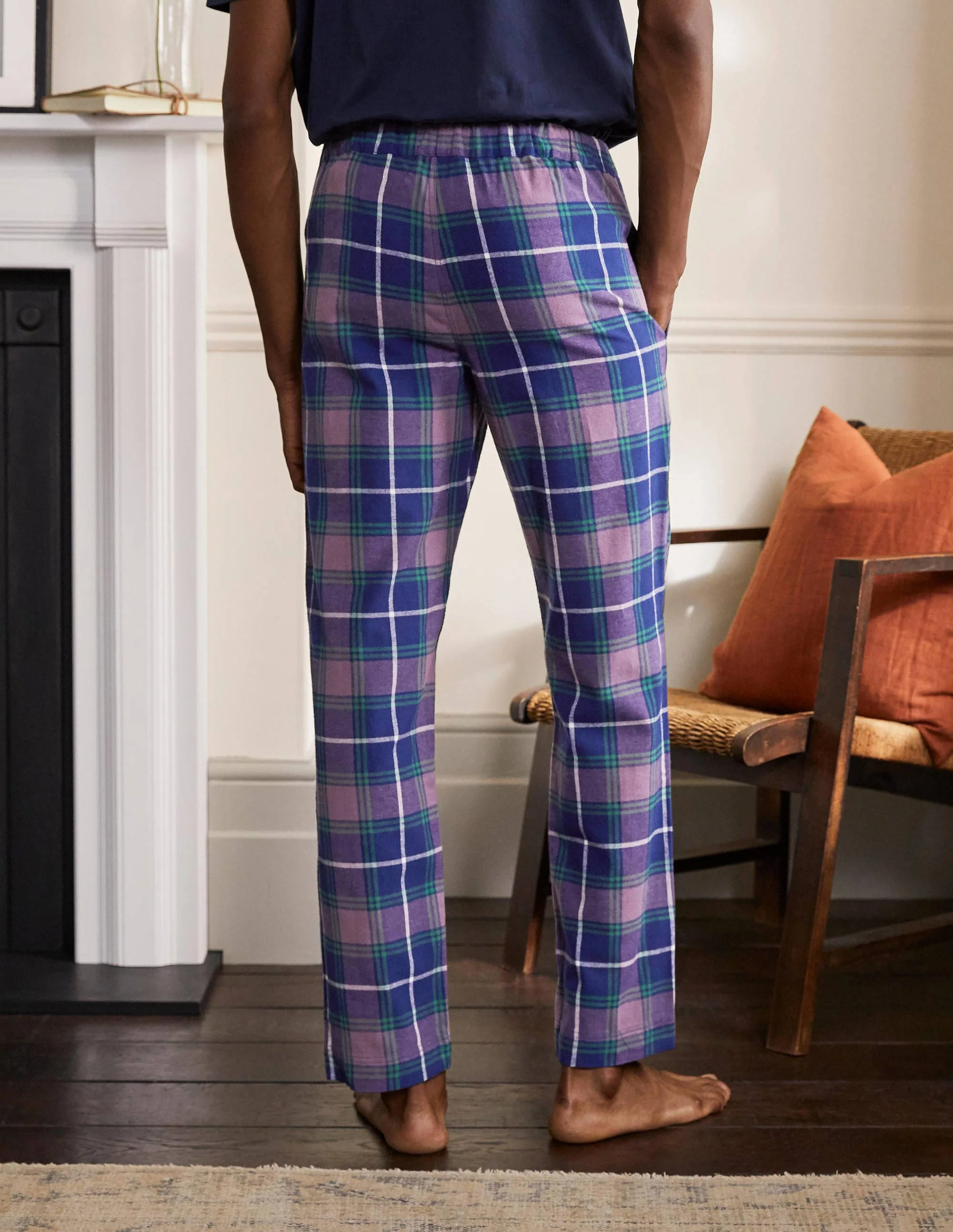 Brushed Cotton Pajama Bottoms-Space Blue/Dusky Mauve Check - Image 3
