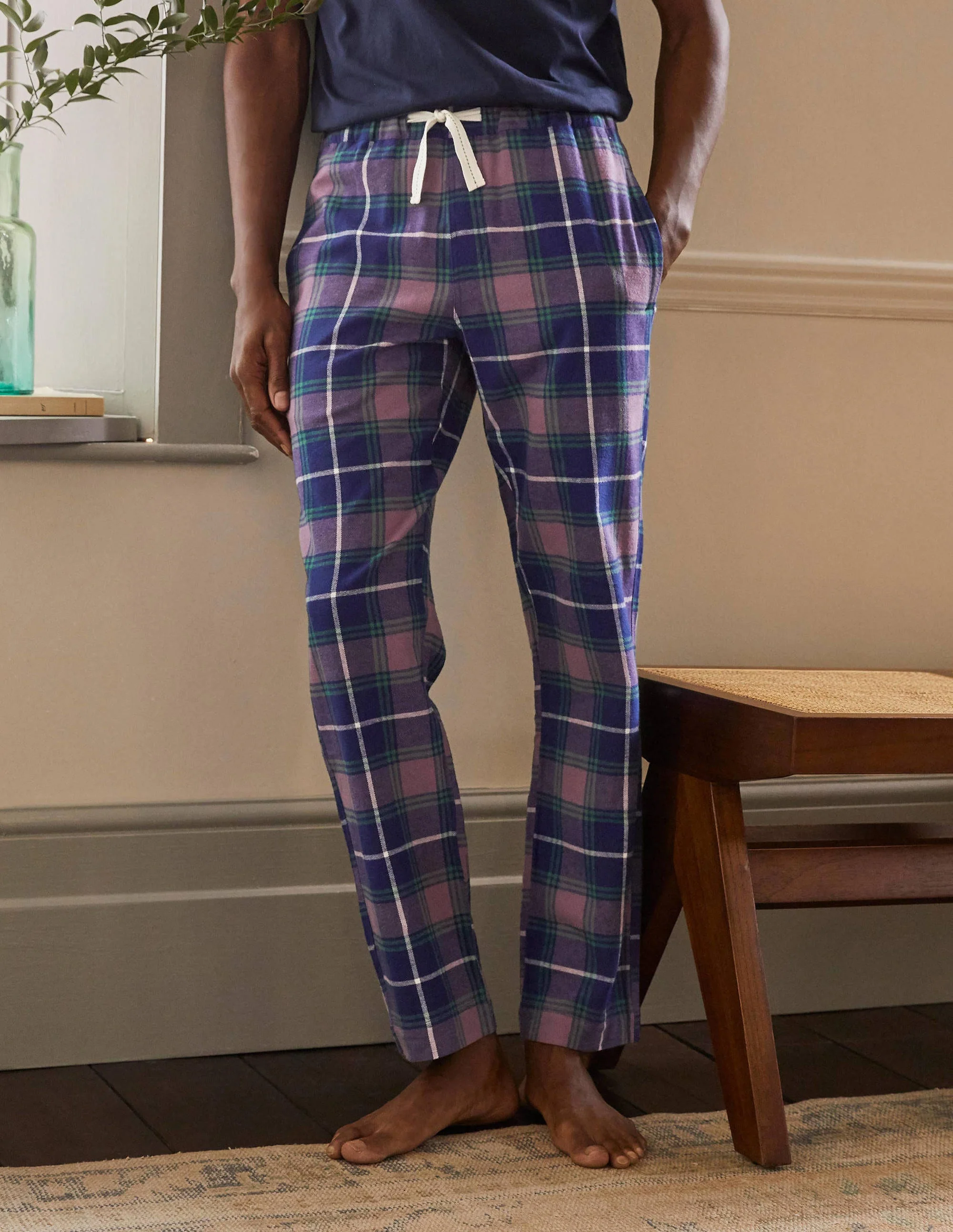 Brushed Cotton Pajama Bottoms-Space Blue/Dusky Mauve Check - Image 4