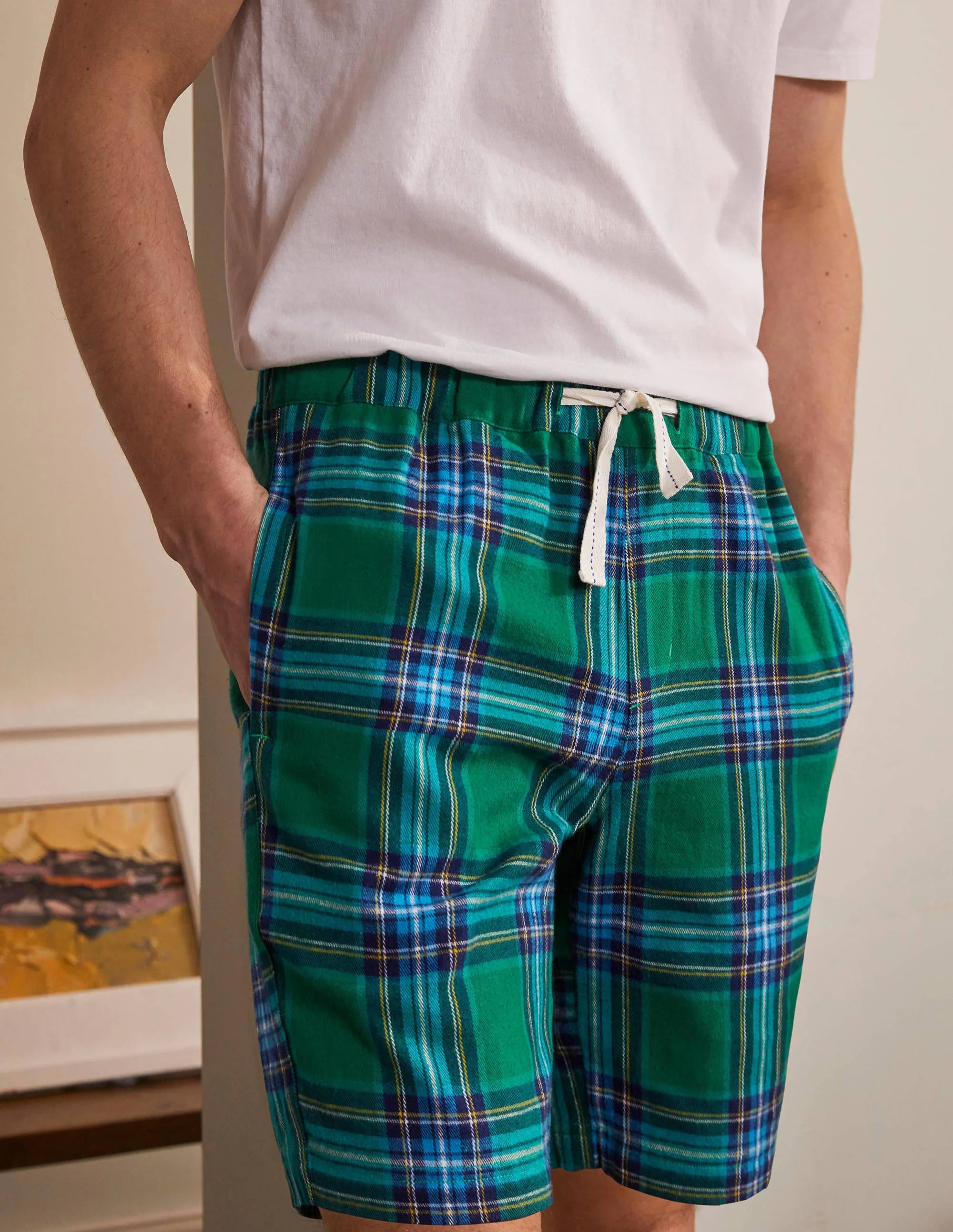 Brushed Cotton Pajama Shorts-Forest/Cerulean Blue Check - Image 2